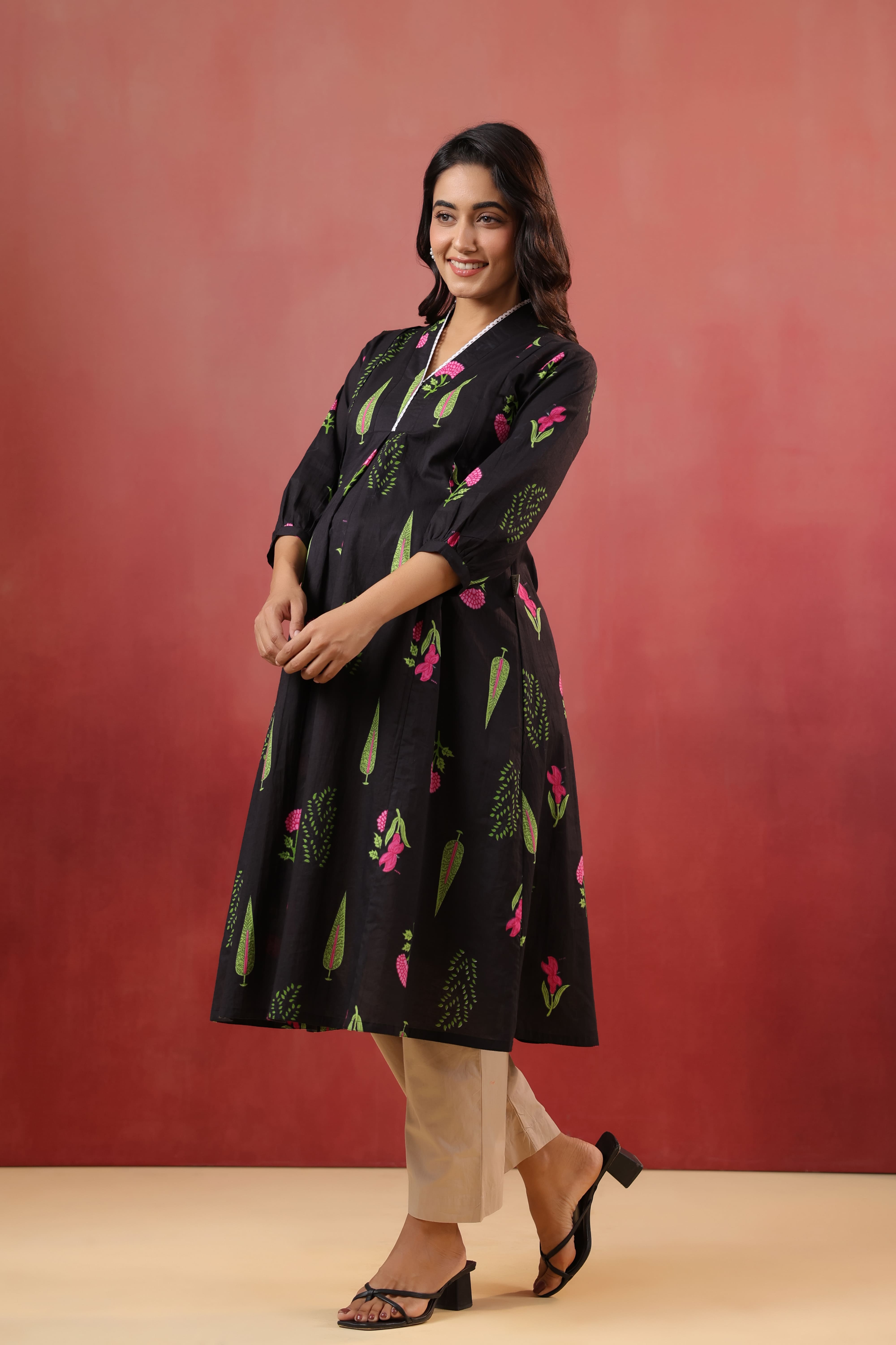Power Black Mughal Boota Cotton Maternity - Nursing Kurta