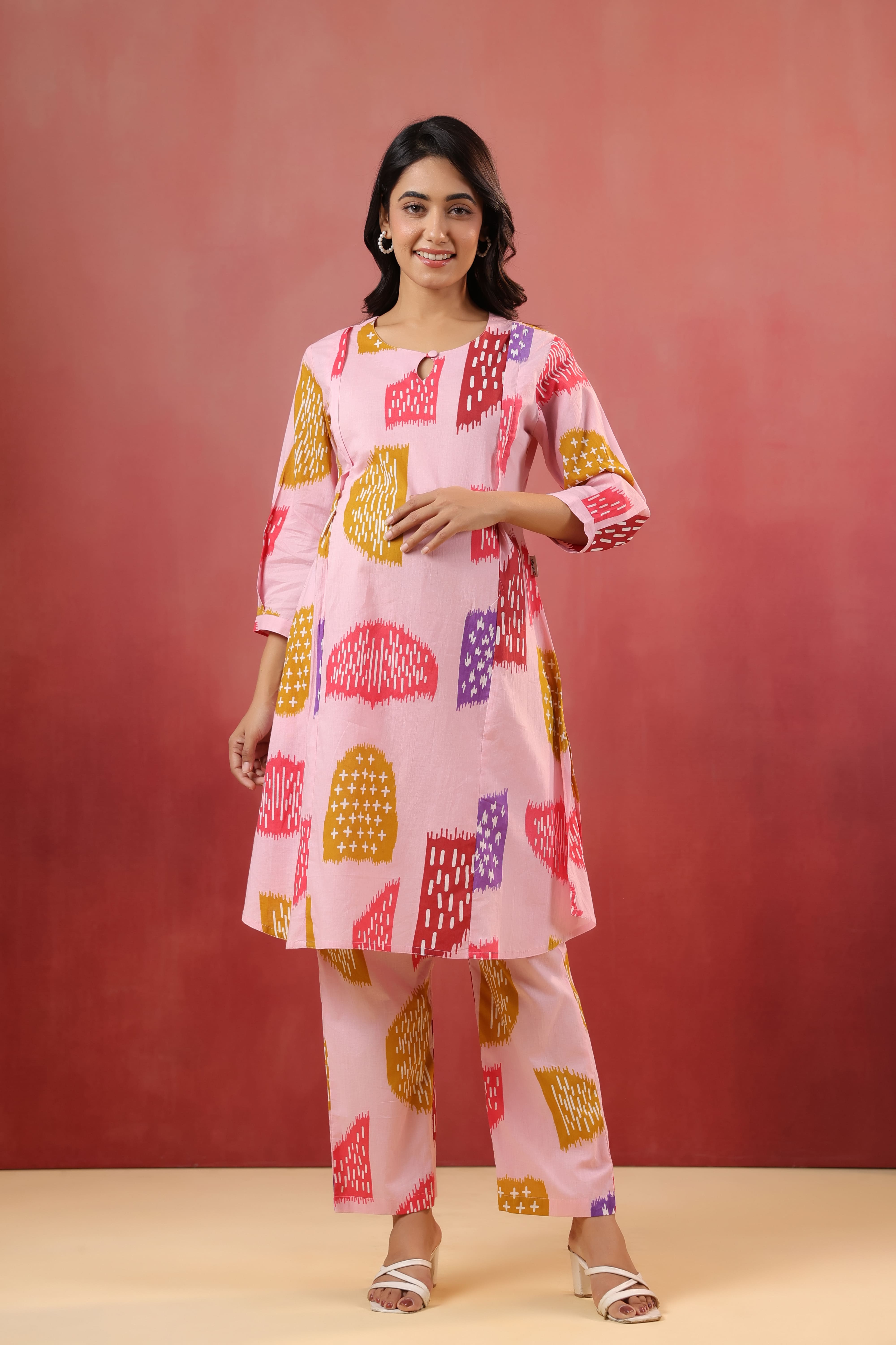 Pastel Pink Abstract Cotton Maternity - Nursing Co-ord Set