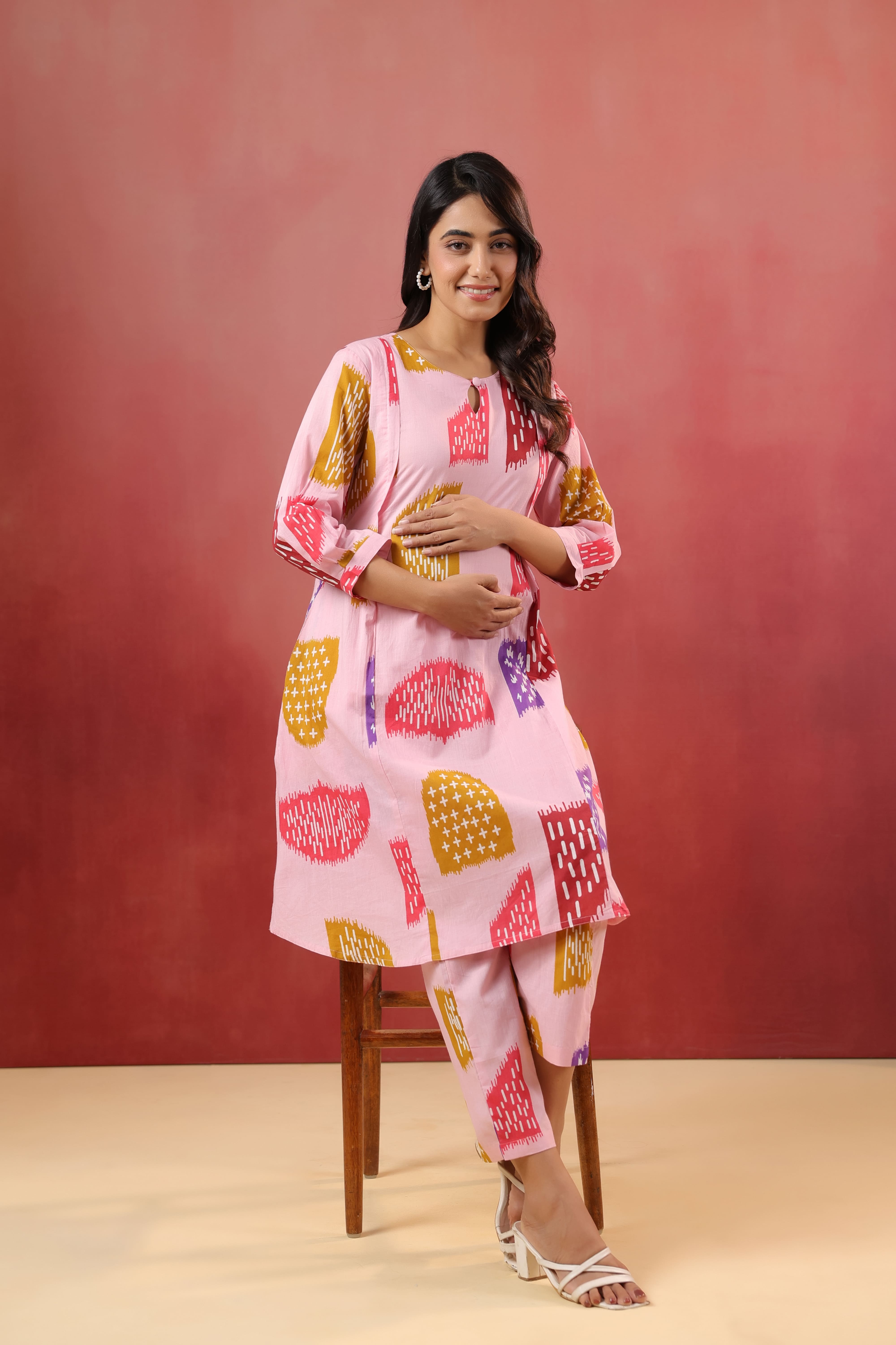Pastel Pink Abstract Cotton Maternity - Nursing Co-ord Set