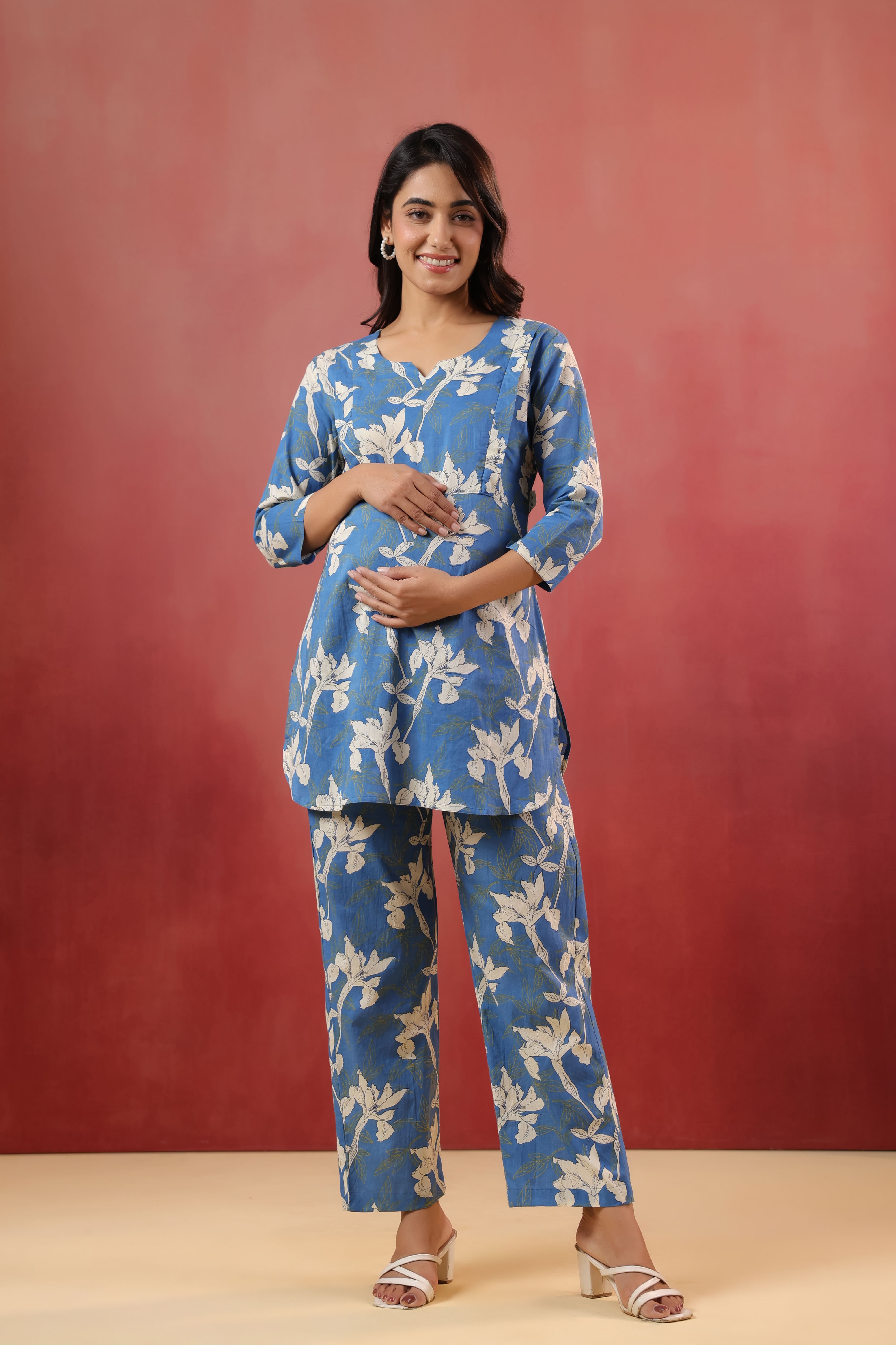 Ocean Blue Leaf Cotton Maternity - Nursing Co-ord Set