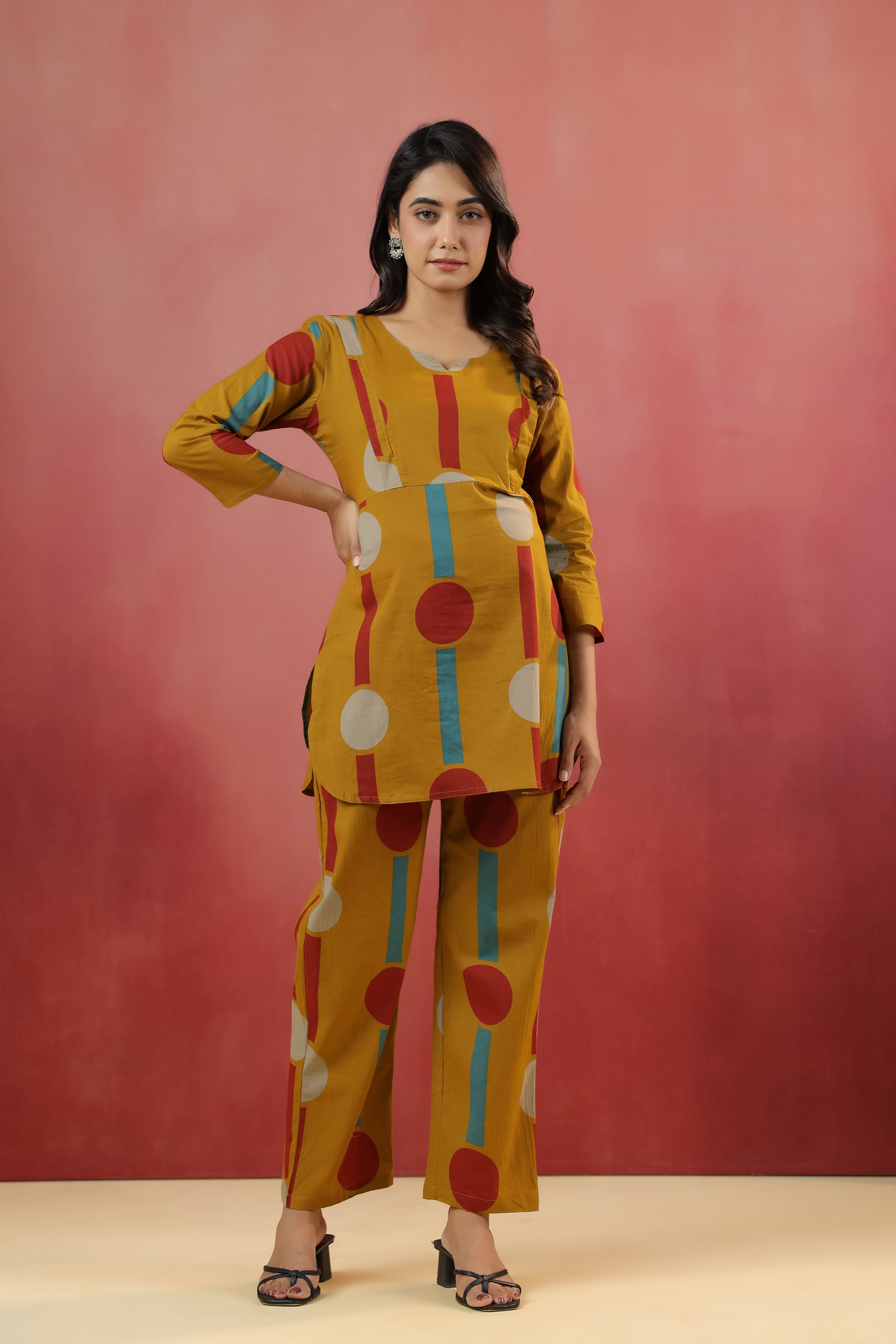 Harvest Gold Geometric Ajrakh Cotton Maternity - Nursing Co-ord Set