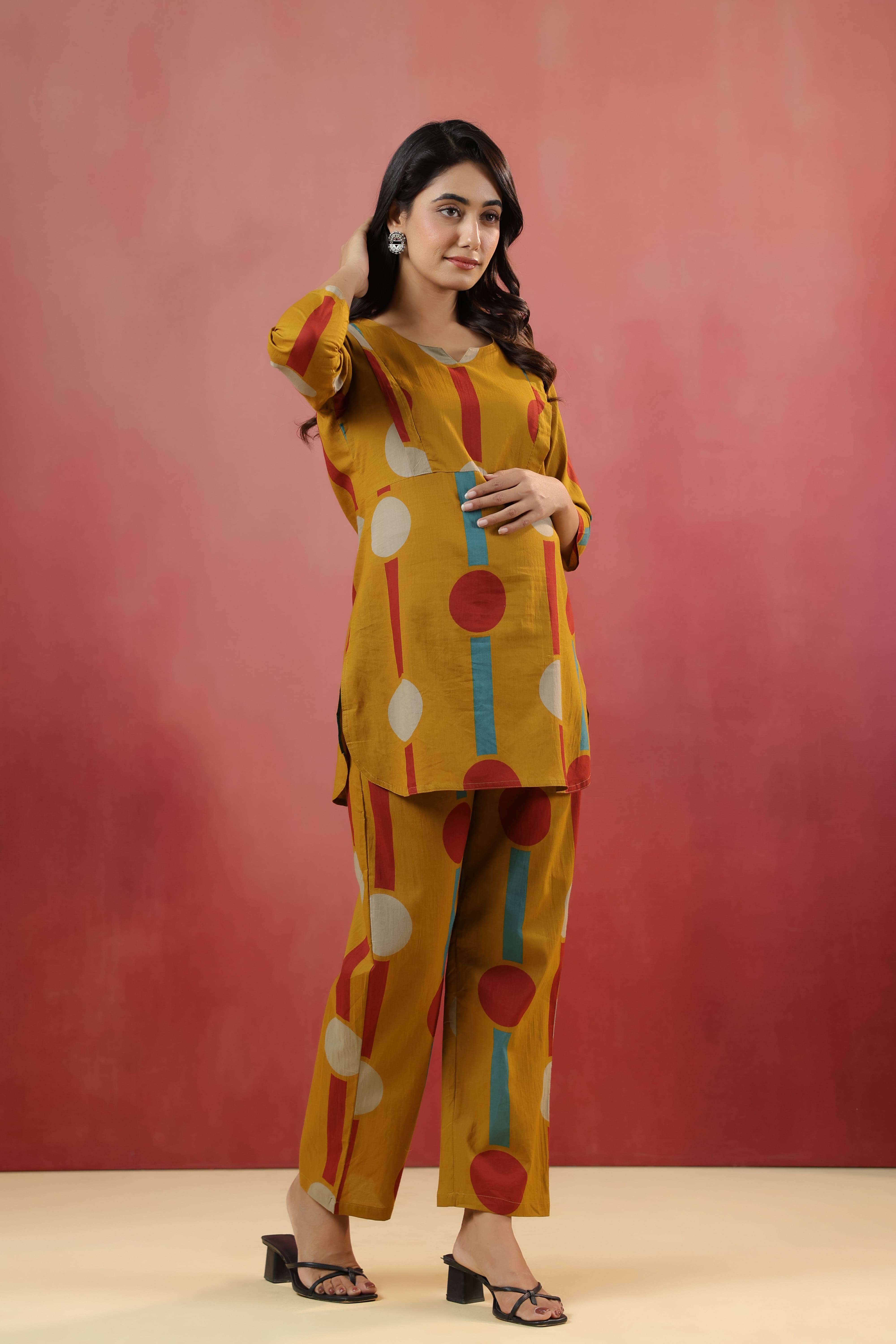 Harvest Gold Geometric Ajrakh Cotton Maternity - Nursing Co-ord Set