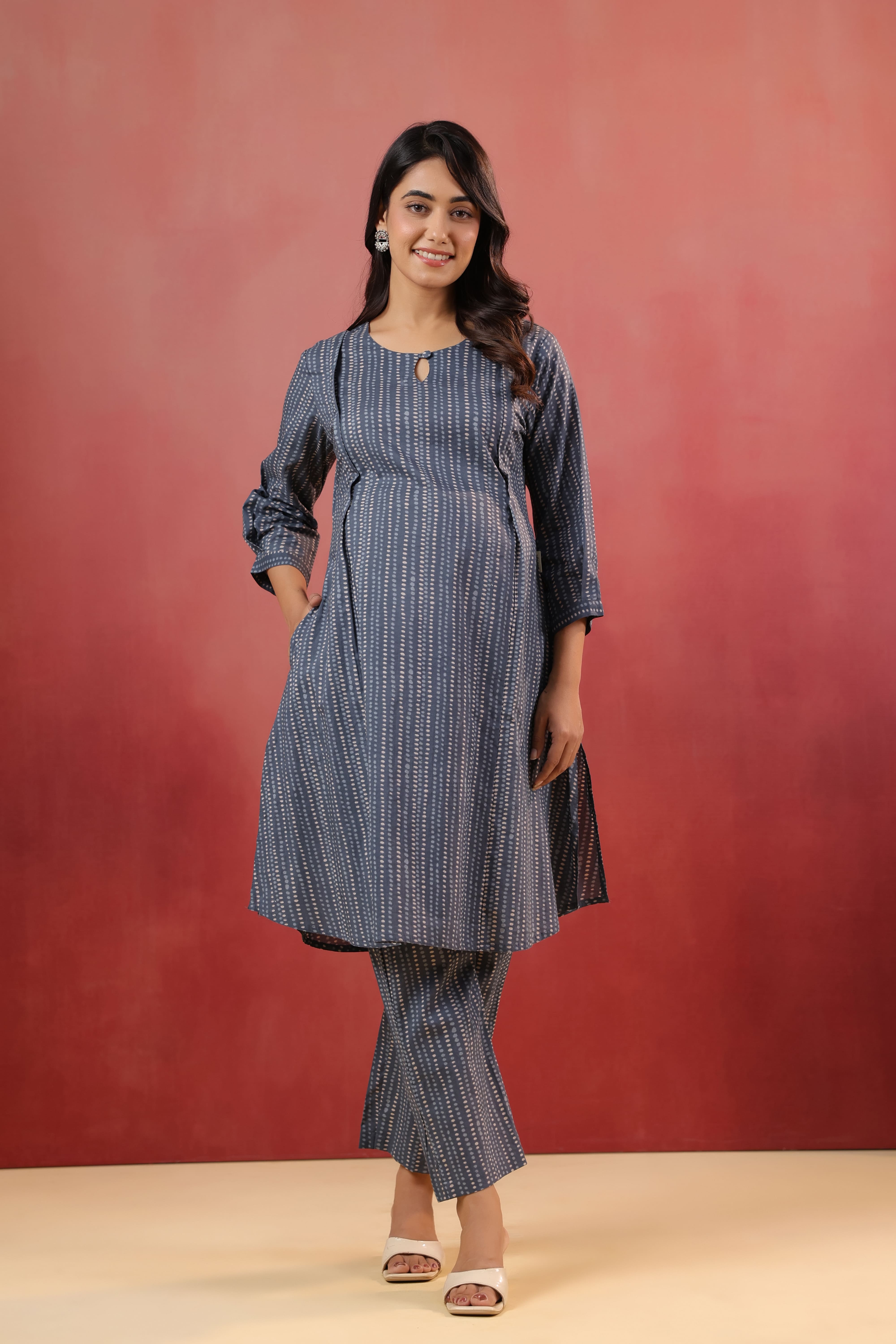 Marengo Grey Dots Cotton Maternity - Nursing Co-ord Set