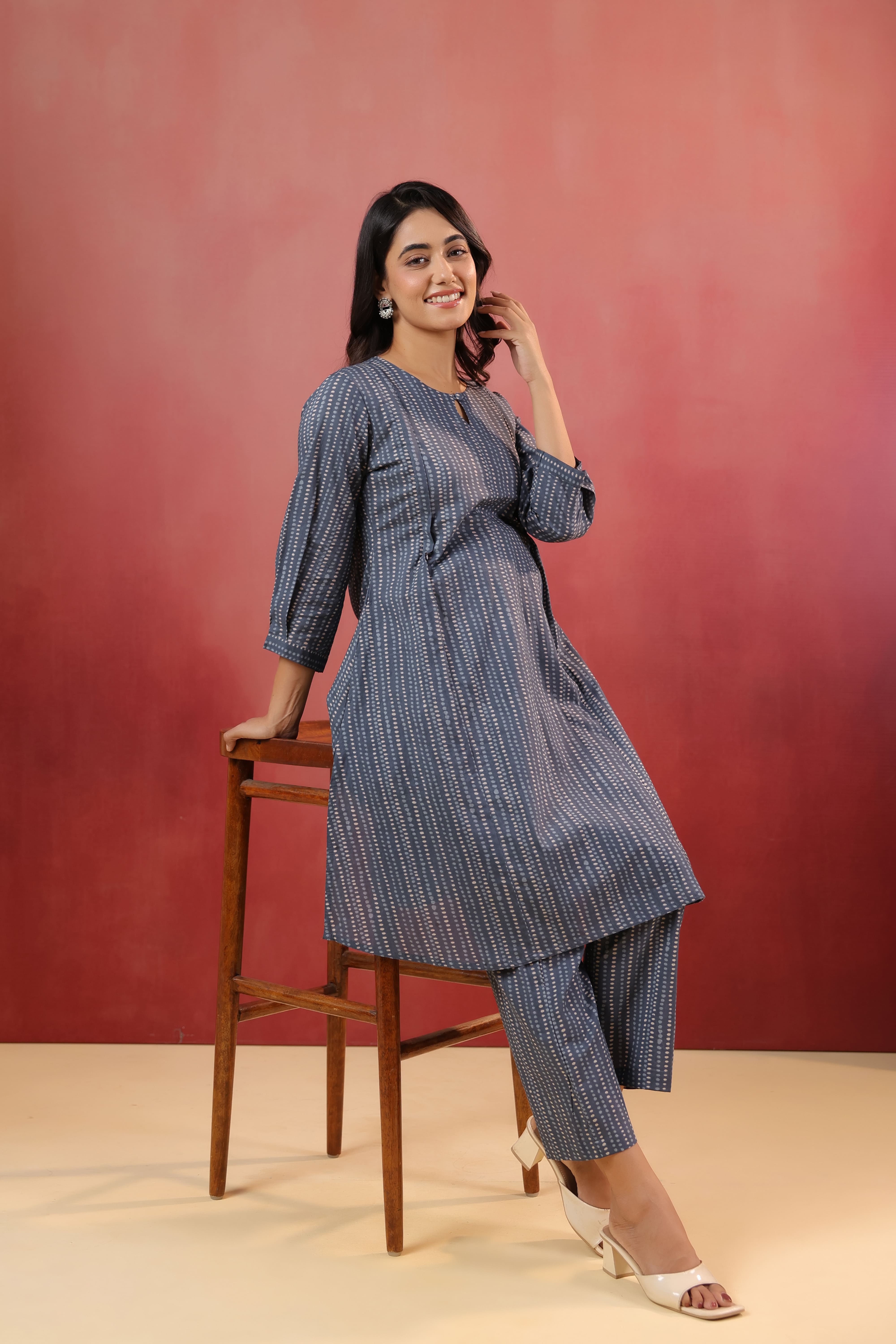 Marengo Grey Dots Cotton Maternity - Nursing Co-ord Set