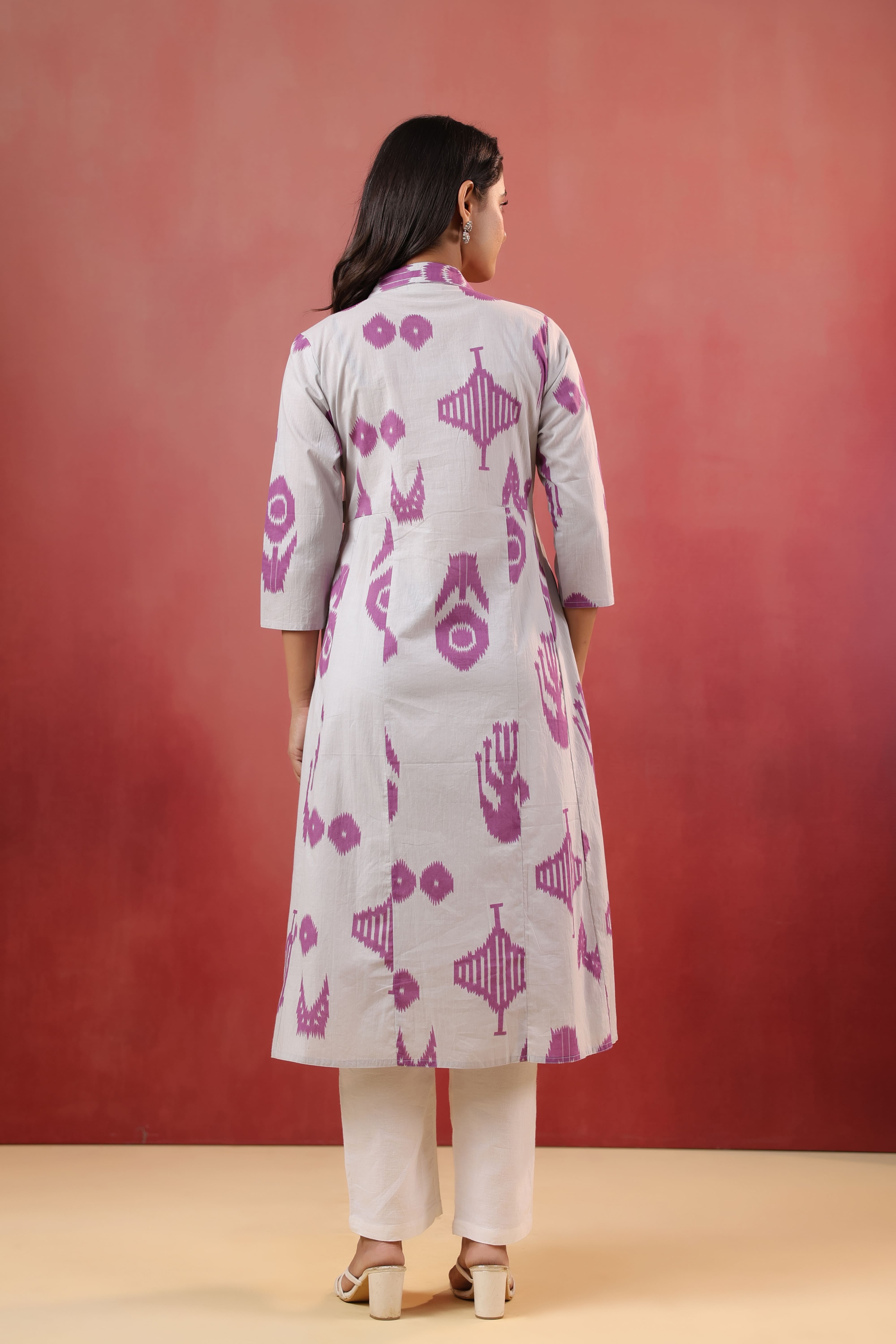 French Grey Classic Ikat Cotton Maternity - Nursing Kurta