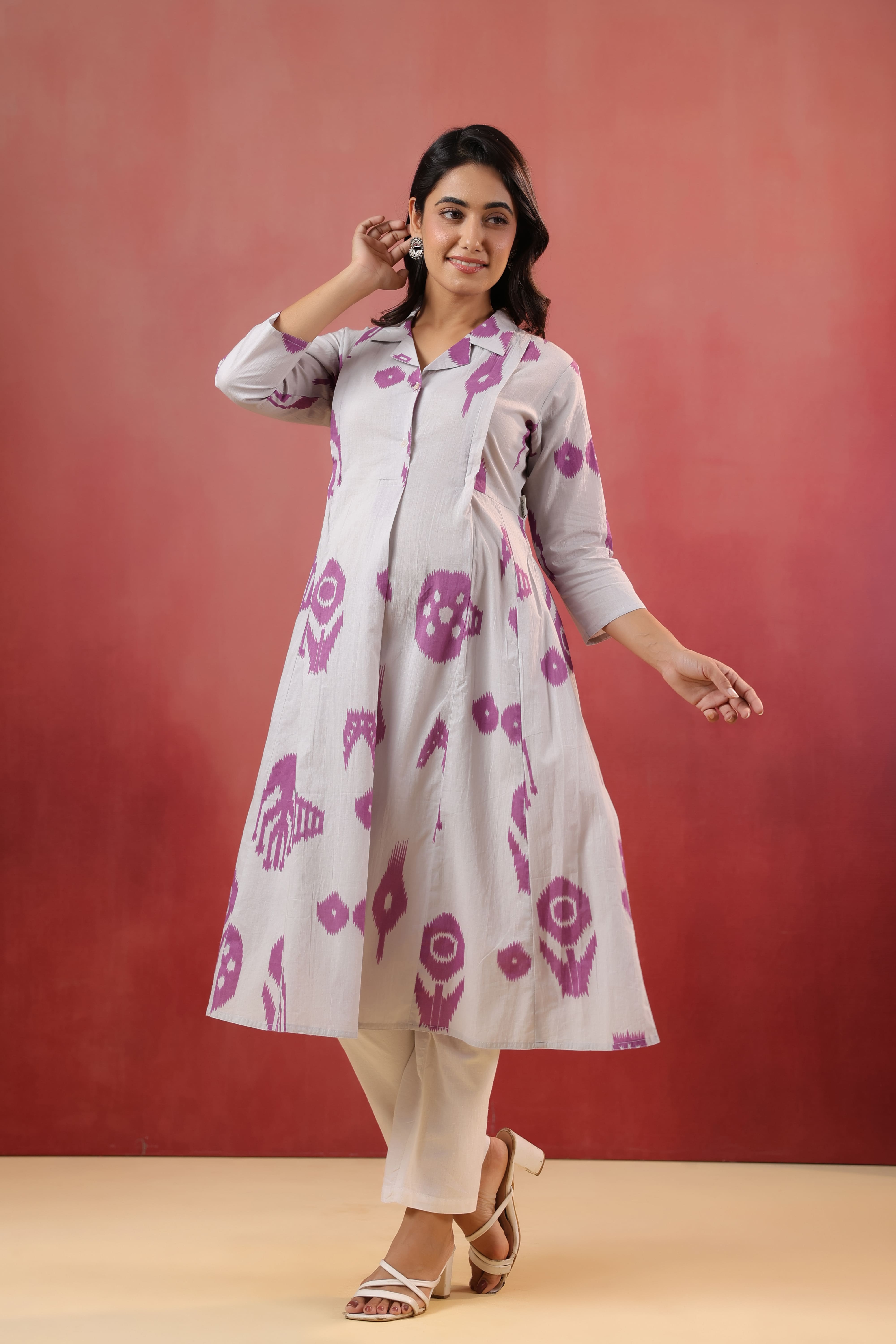 French Grey Classic Ikat Cotton Maternity - Nursing Kurta