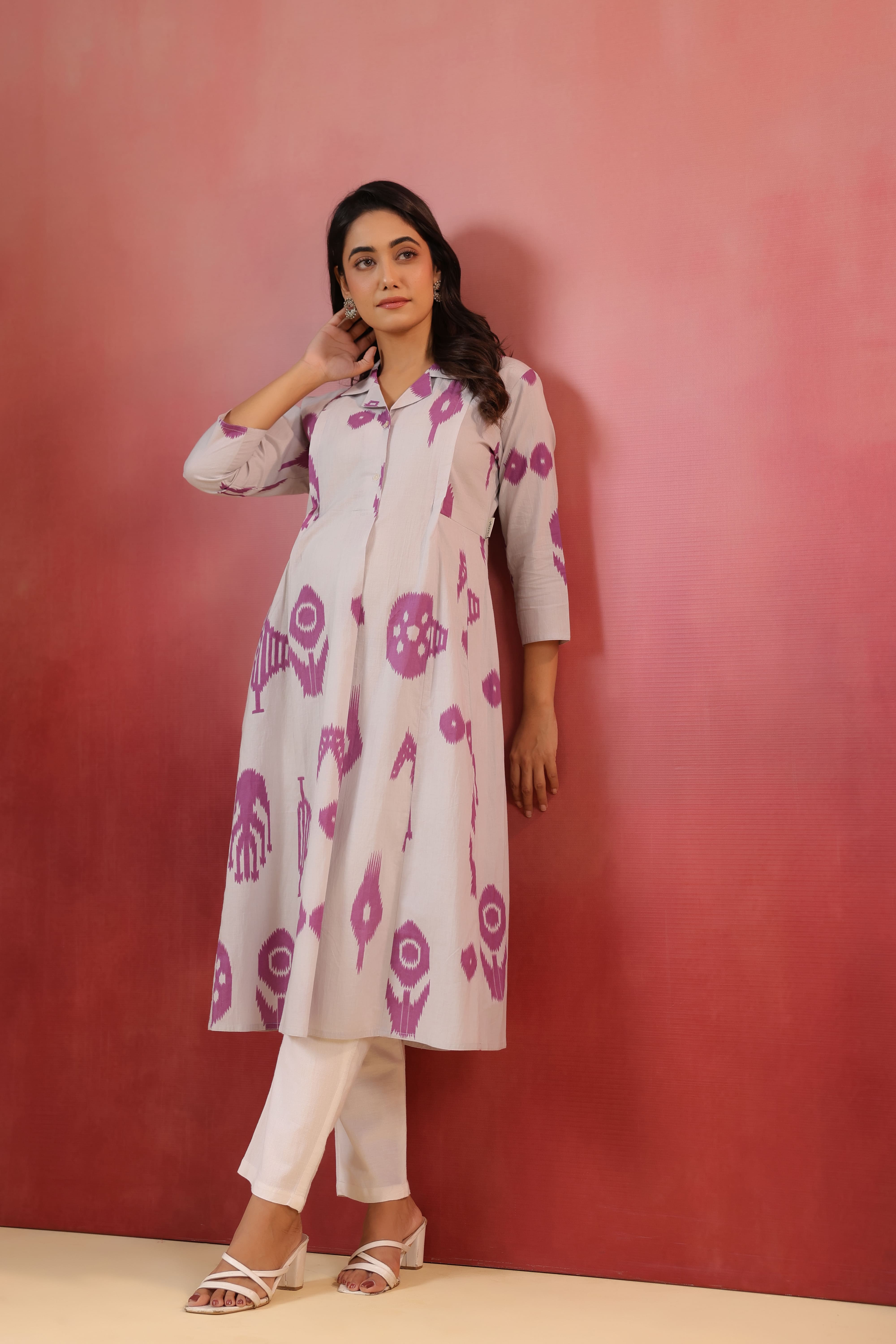 French Grey Classic Ikat Cotton Maternity - Nursing Kurta