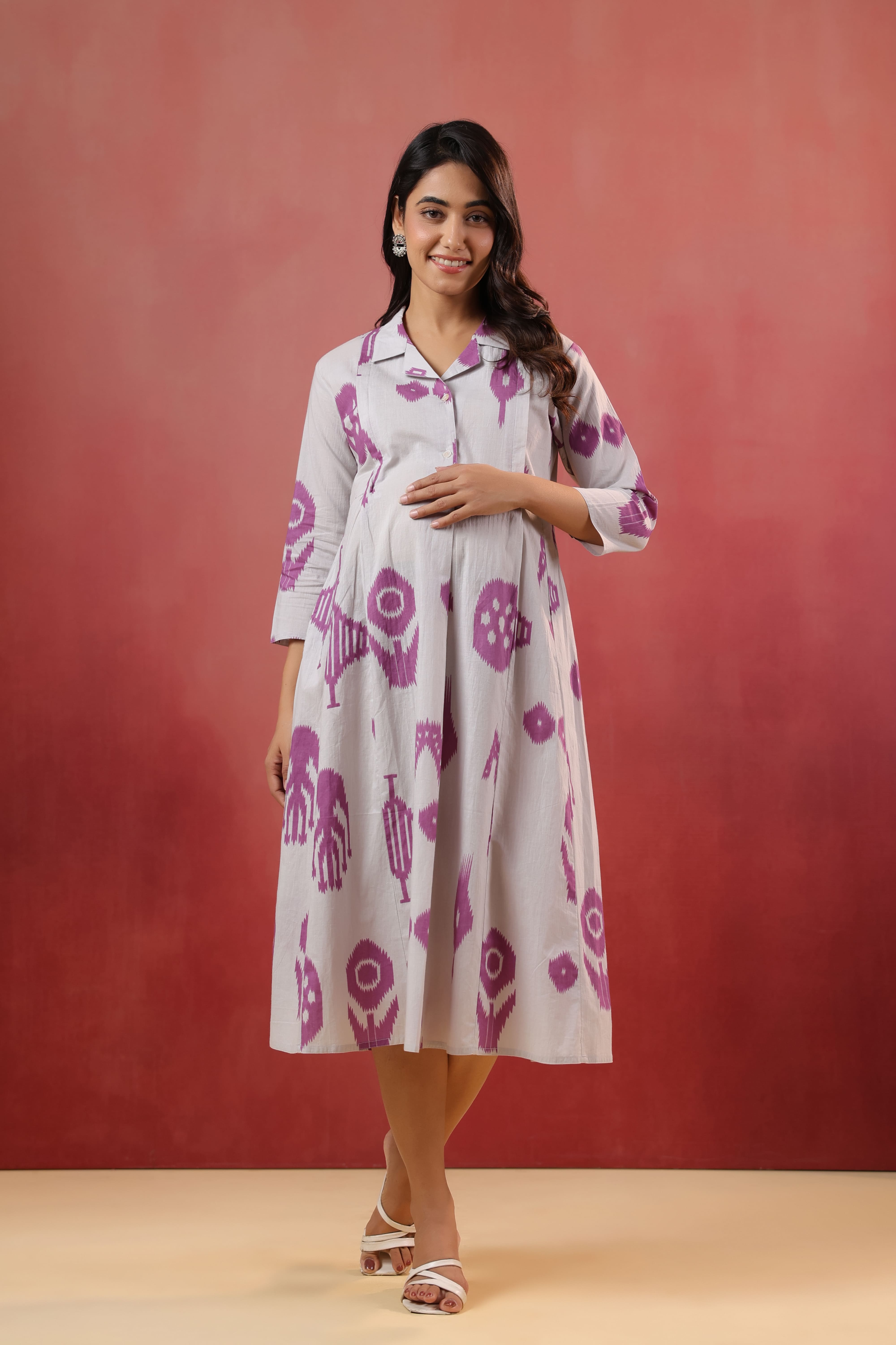 French Grey Classic Ikat Cotton Maternity - Nursing Dress