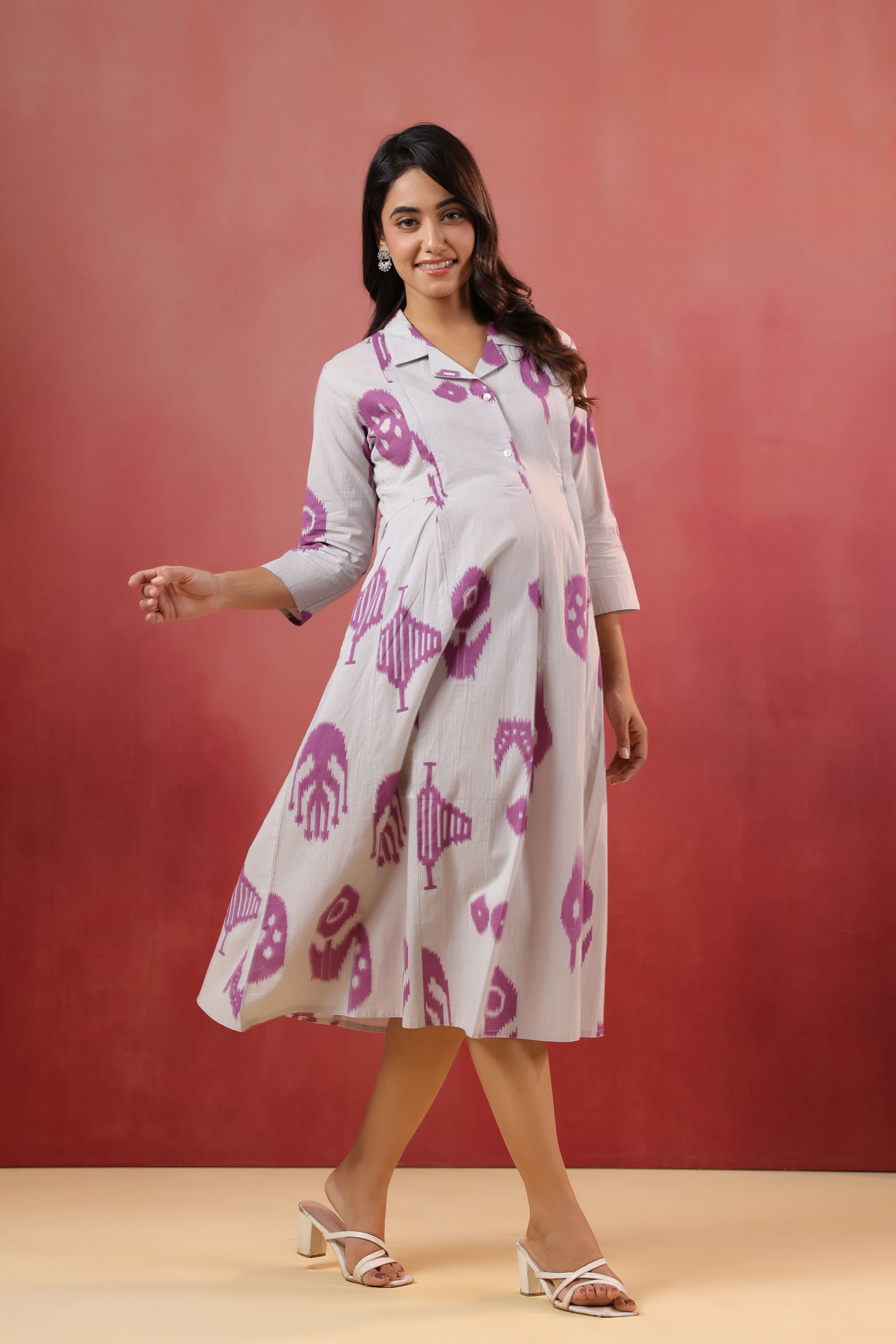 French Grey Classic Ikat Cotton Maternity - Nursing Dress
