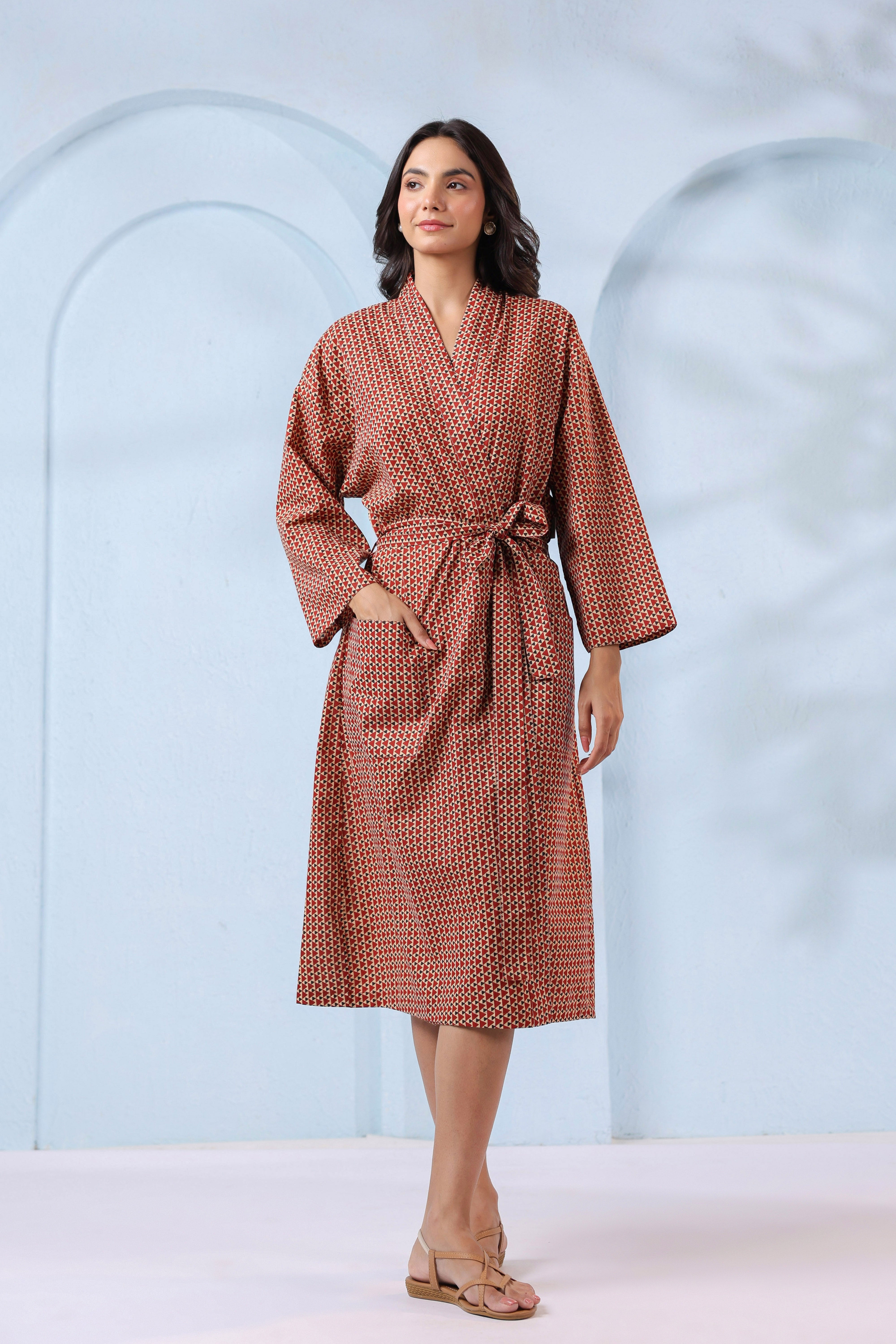Terracotta Ajrakh Cotton Robe ( One-Size )