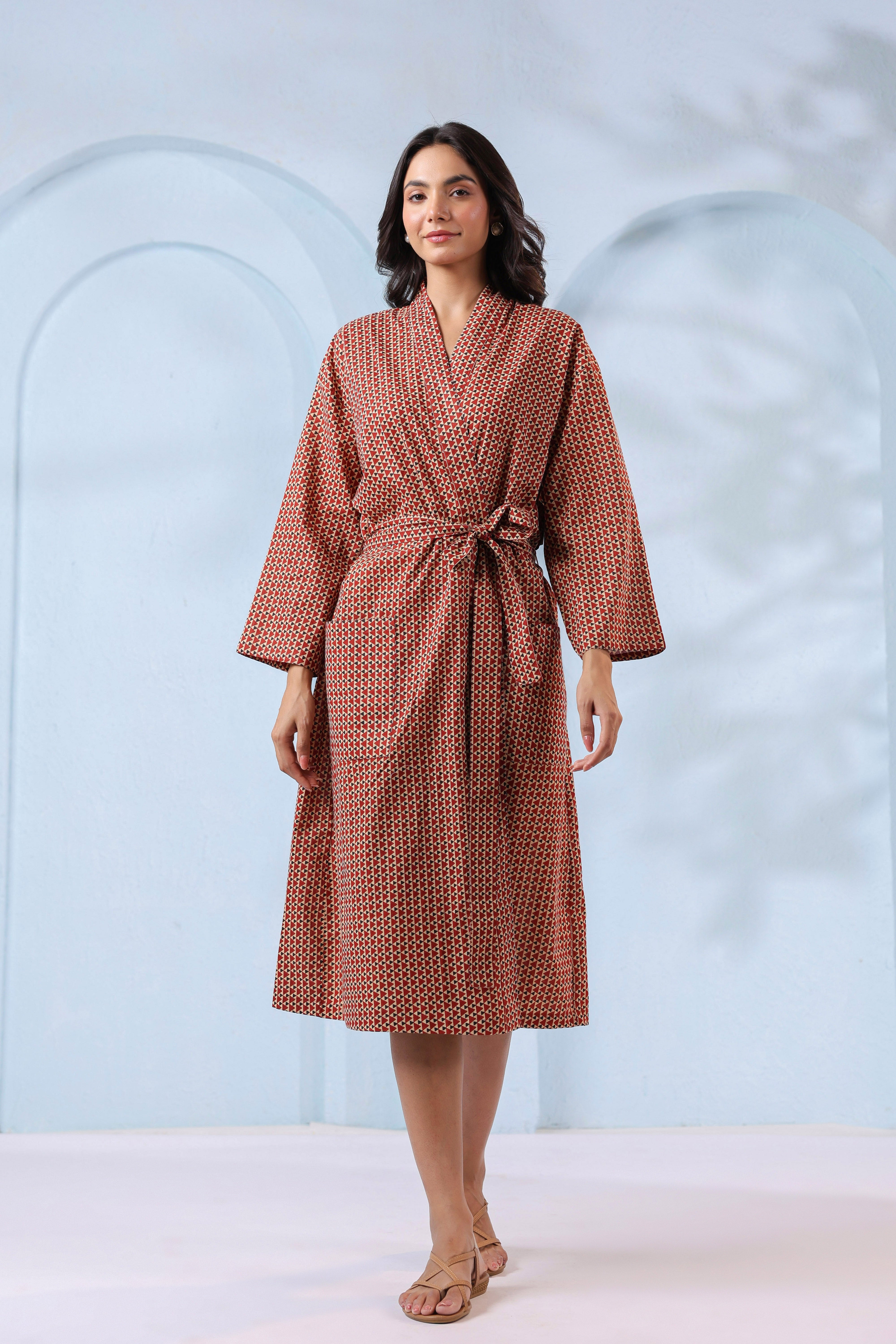 Terracotta Ajrakh Cotton Robe ( One-Size )