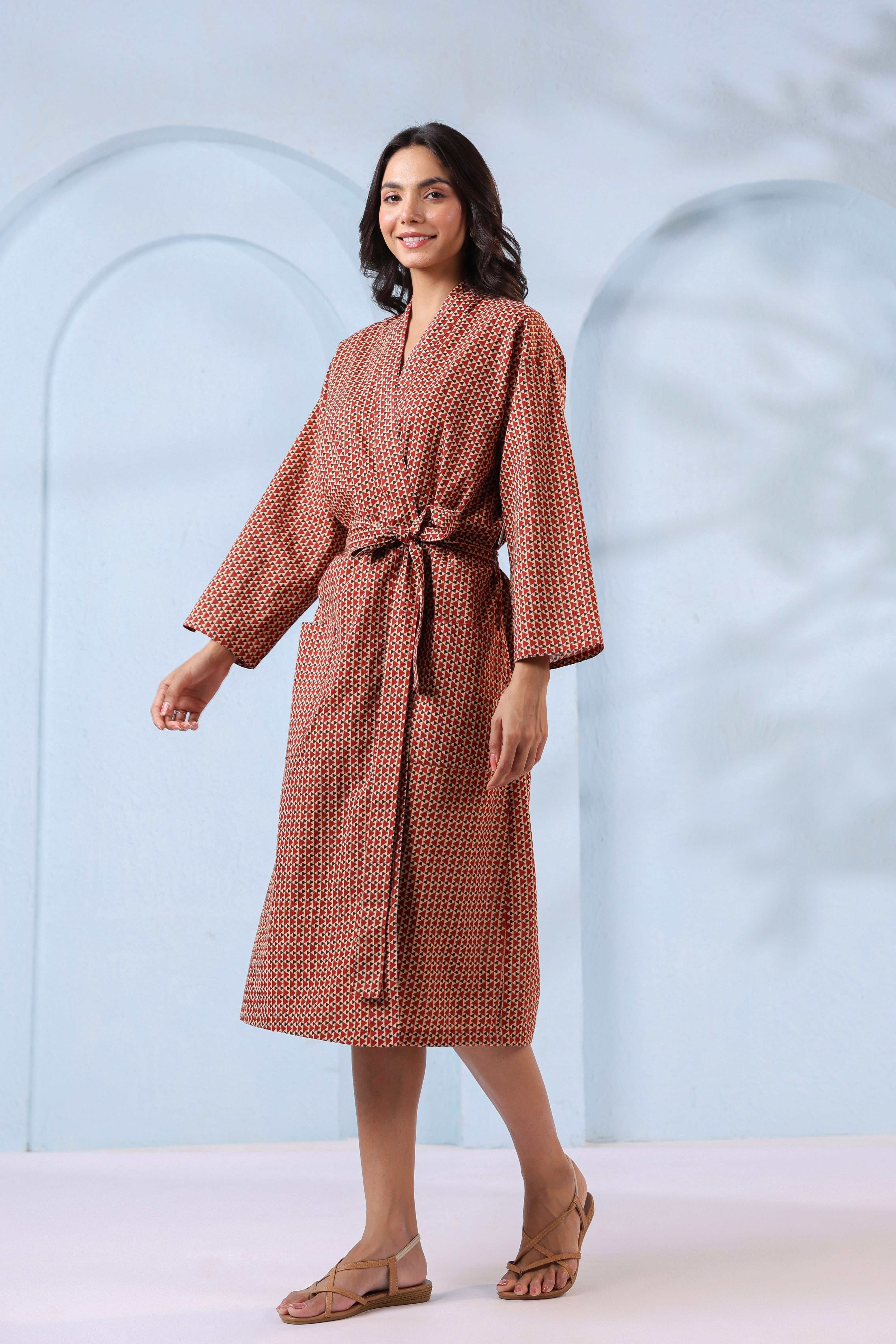 Terracotta Ajrakh Cotton Robe ( One-Size )