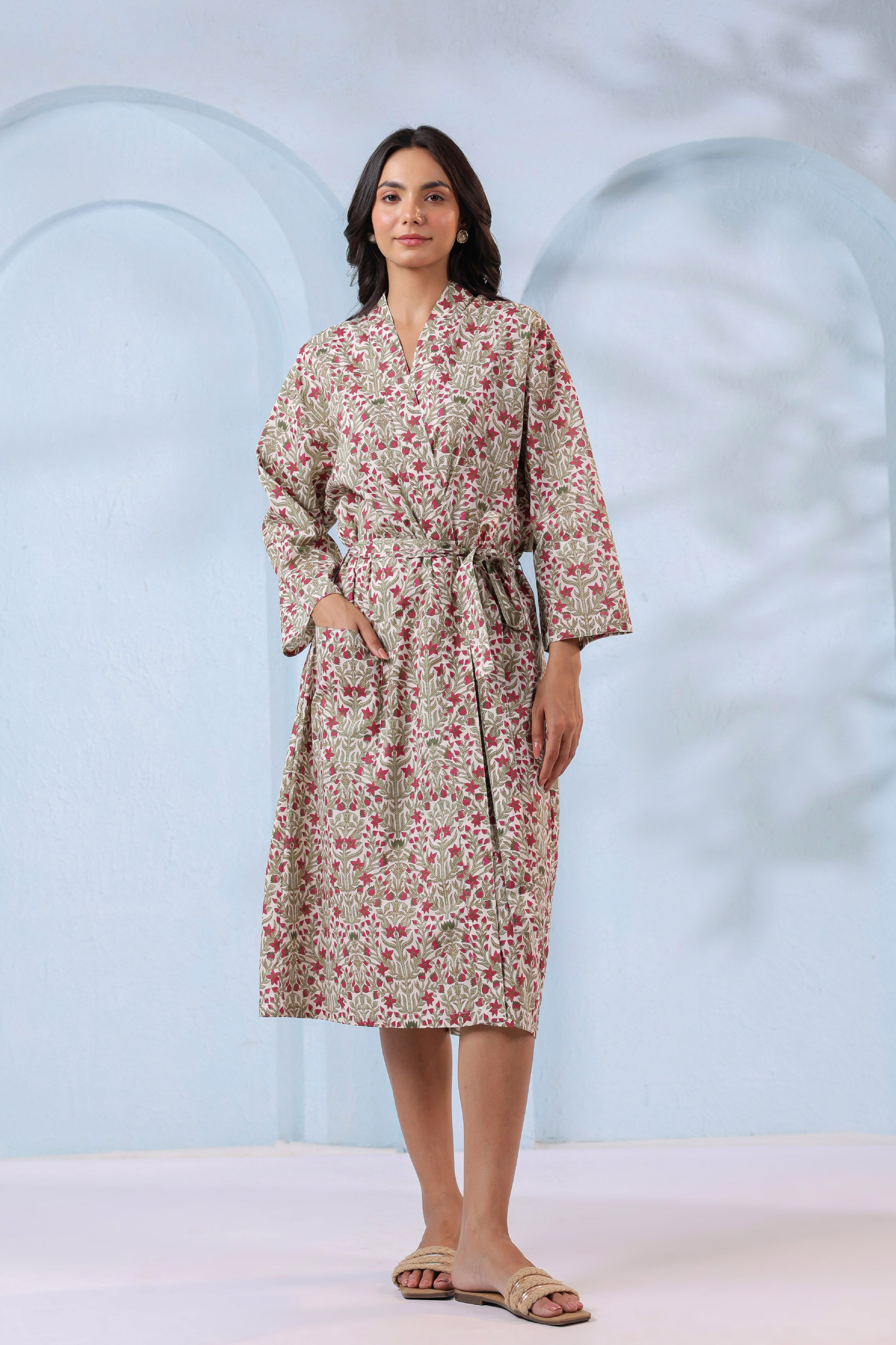 Blooming White Red Cotton Robe ( One-Size )