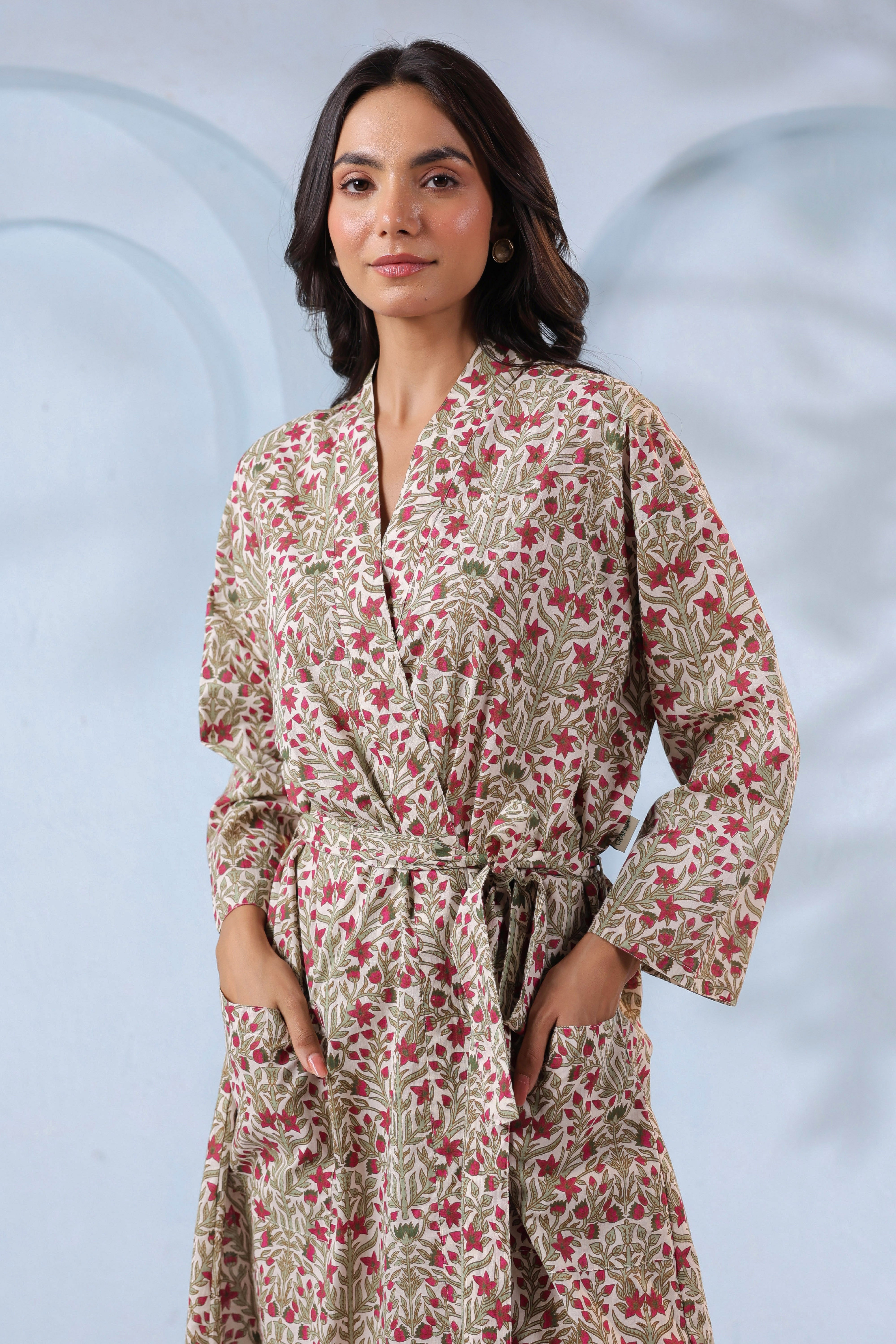 Blooming White Red Cotton Robe ( One-Size )