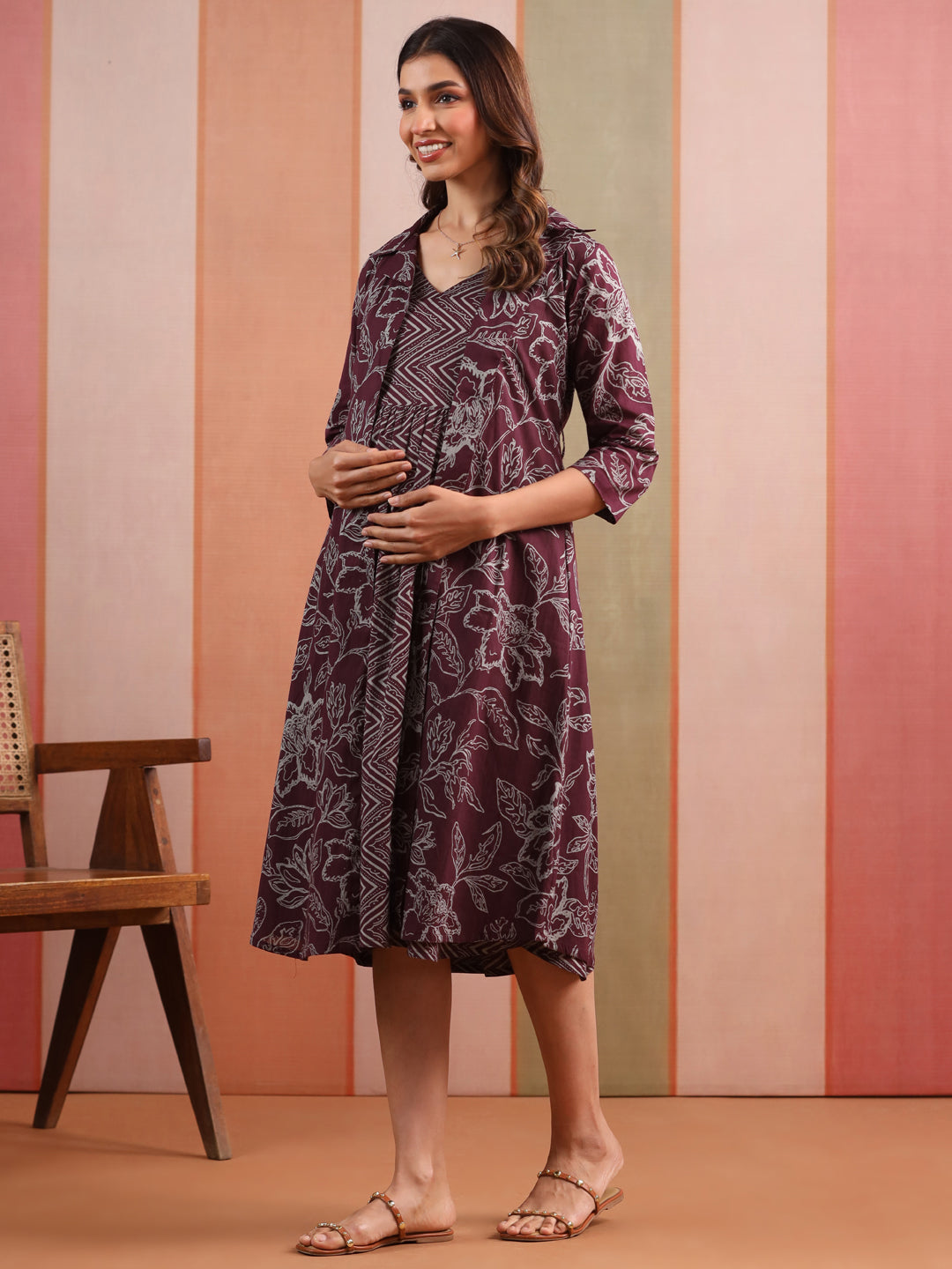 Wine Garden Print Cotton Maternity - Nursing Shrug Dress