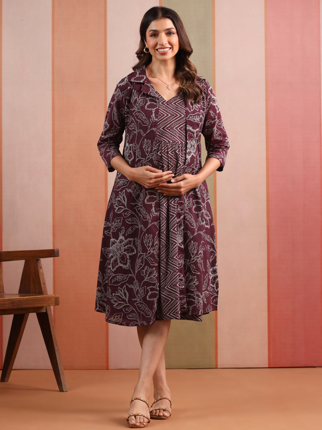 Wine Garden Print Cotton Maternity - Nursing Shrug Dress
