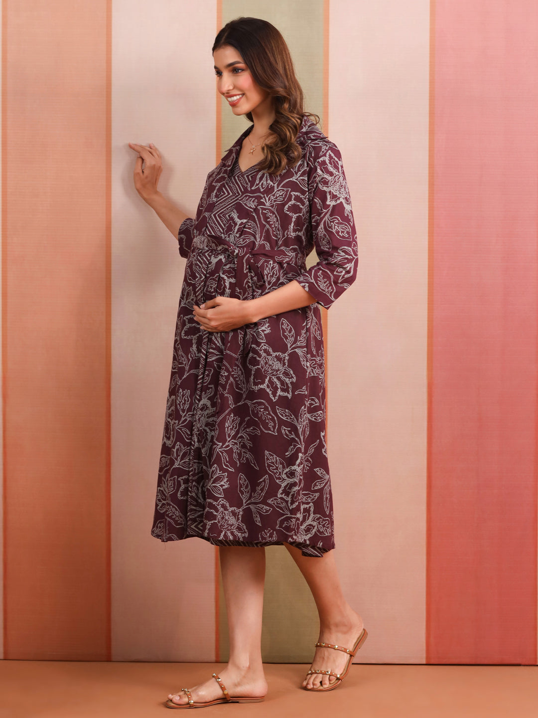 Wine Garden Print Cotton Maternity - Nursing Shrug Dress