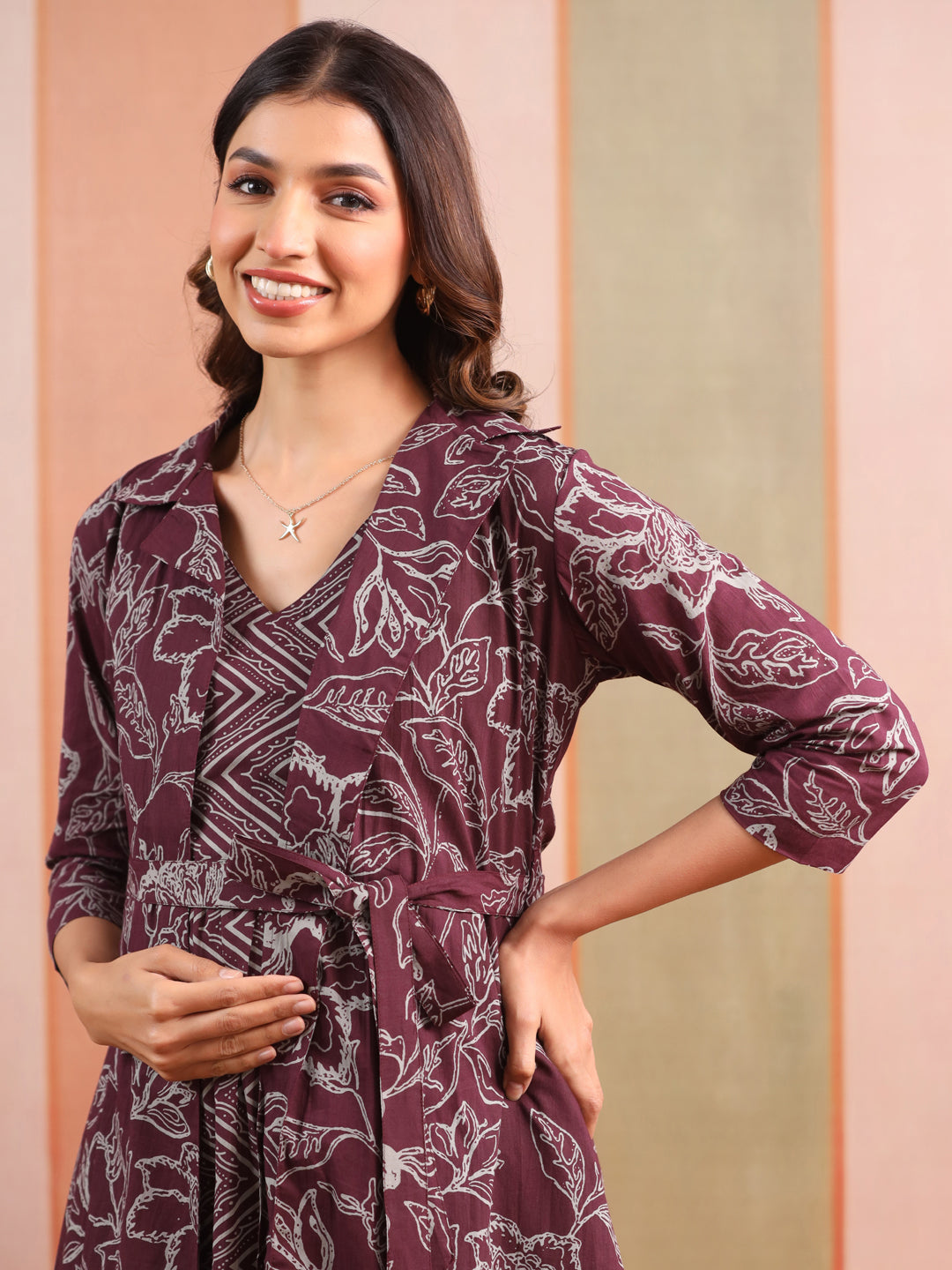 Wine Garden Print Cotton Maternity - Nursing Shrug Dress