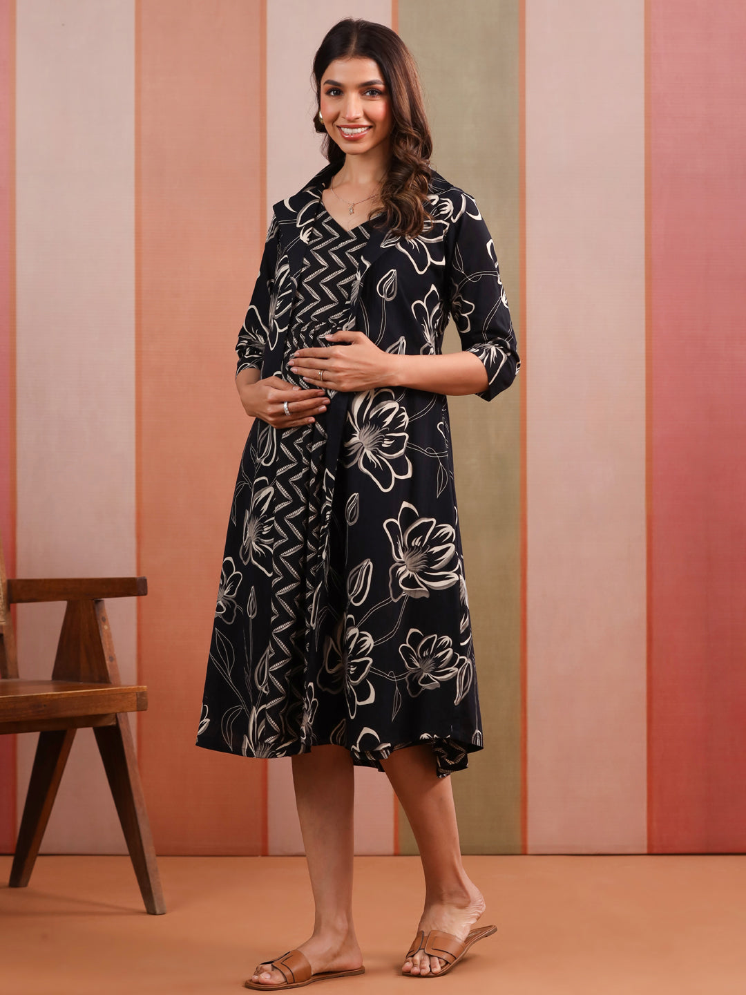 Midnight Floral Eclipse Cotton Maternity - Nursing Shrug Dress