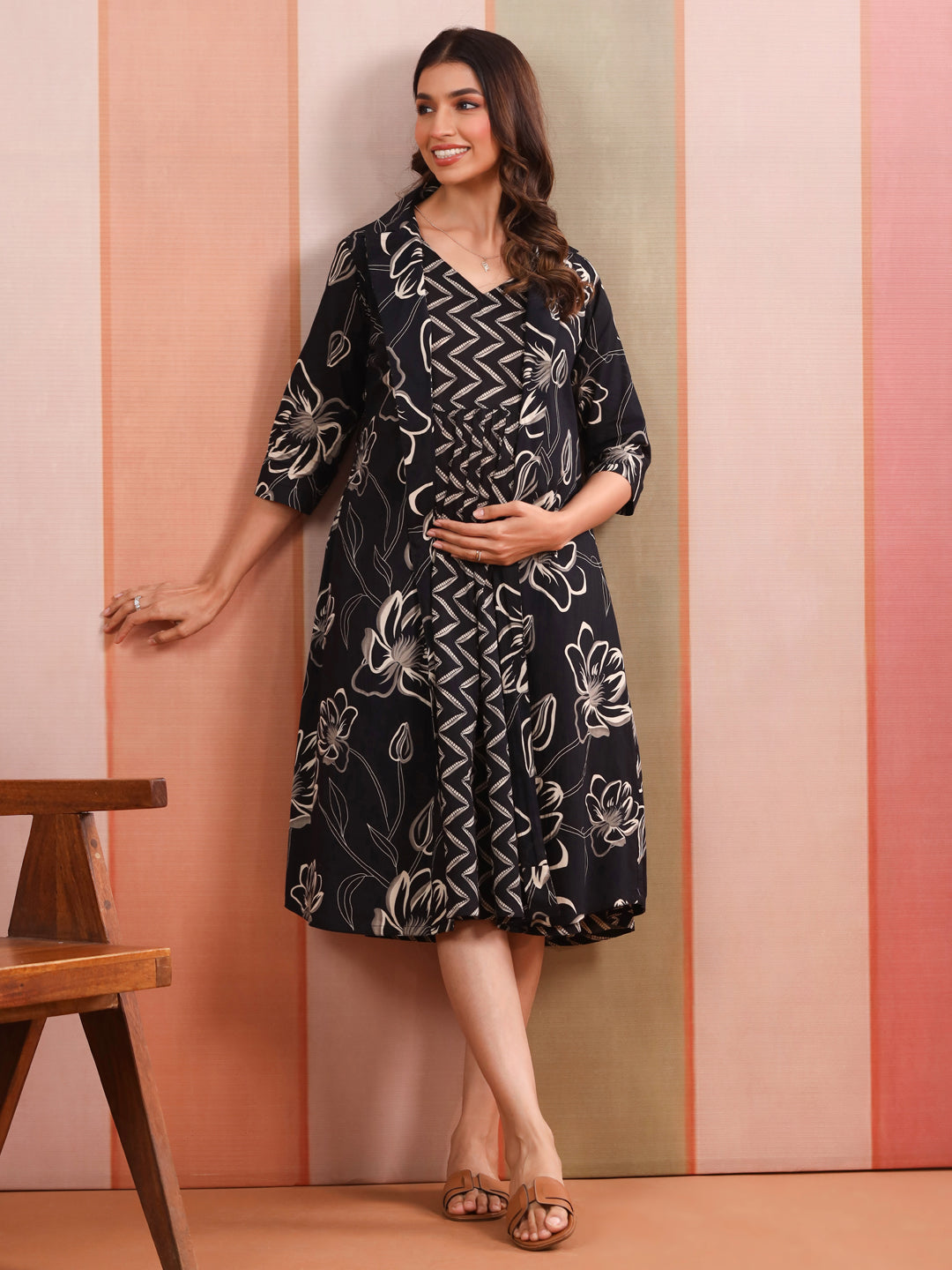 Midnight Floral Eclipse Cotton Maternity - Nursing Shrug Dress