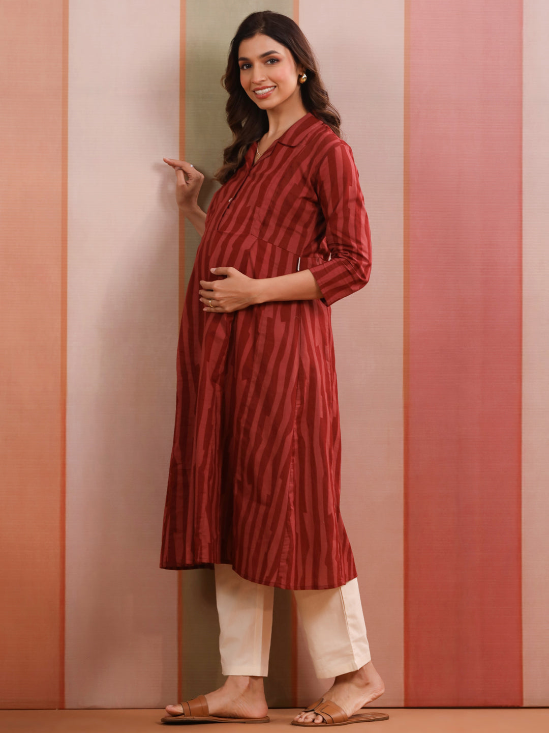Rust Abstract Stripe Cotton Maternity - Nursing Kurta