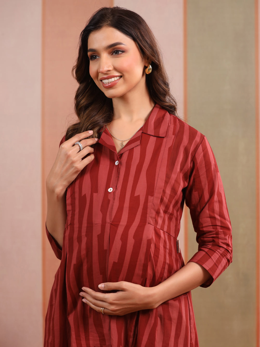 Rust Abstract Stripe Cotton Maternity - Nursing Kurta