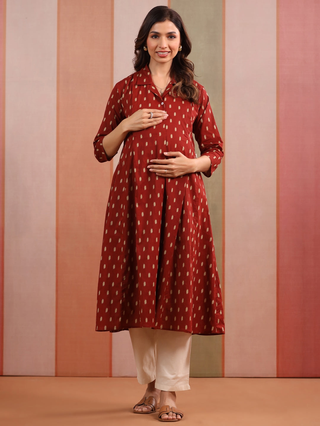 Maroon Loom Print Cotton Maternity - Nursing Kurta
