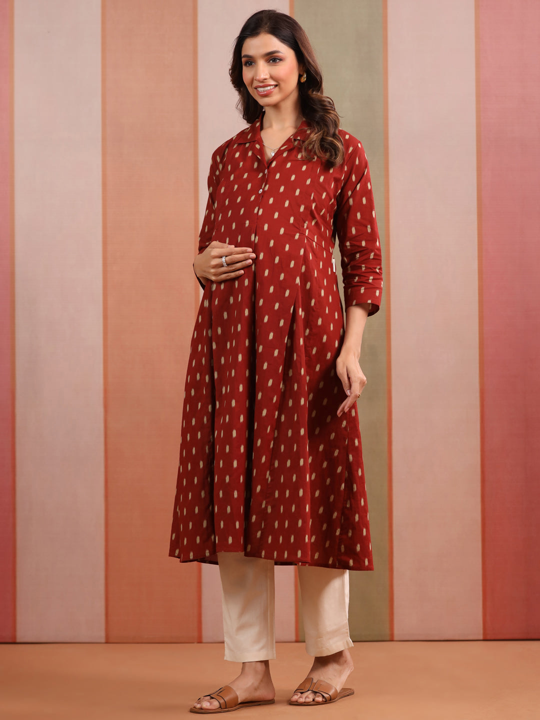 Maroon Loom Print Cotton Maternity - Nursing Kurta