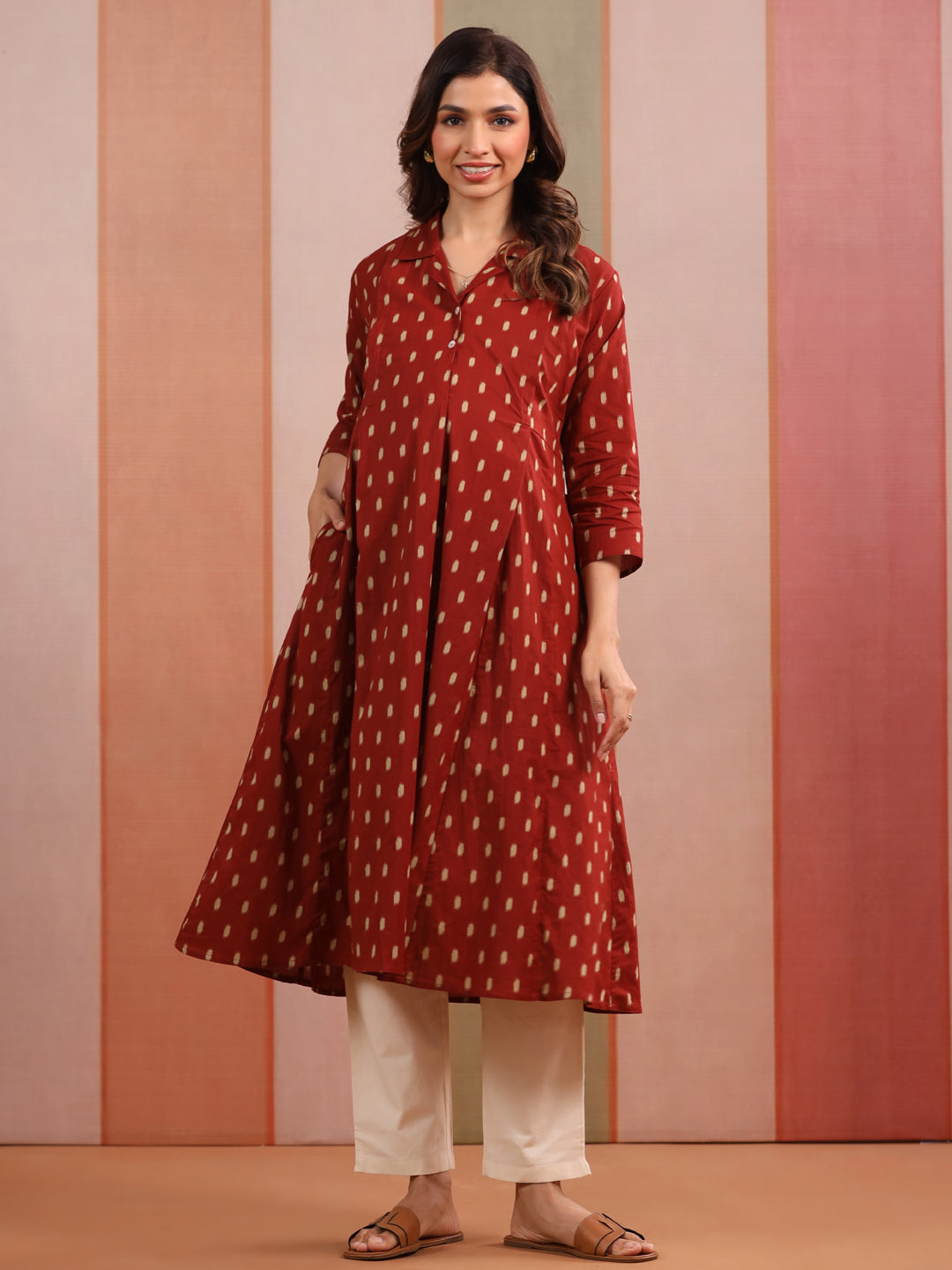 Maroon Loom Print Cotton Maternity - Nursing Kurta