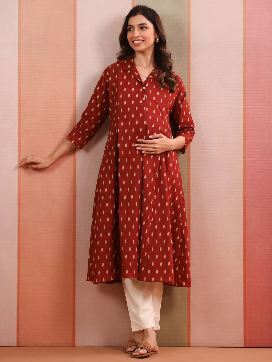 Maroon Loom Print Cotton Maternity - Nursing Kurta