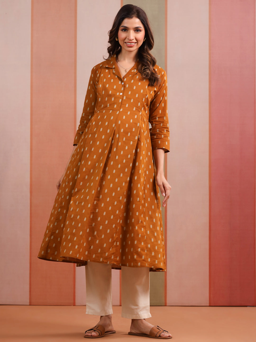 Mustard Loom Print Cotton Maternity - Nursing Kurta