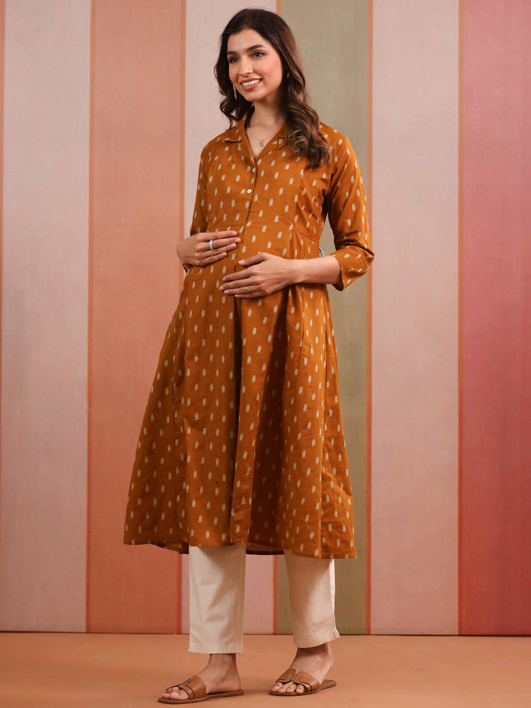 Mustard Loom Print Cotton Maternity - Nursing Kurta
