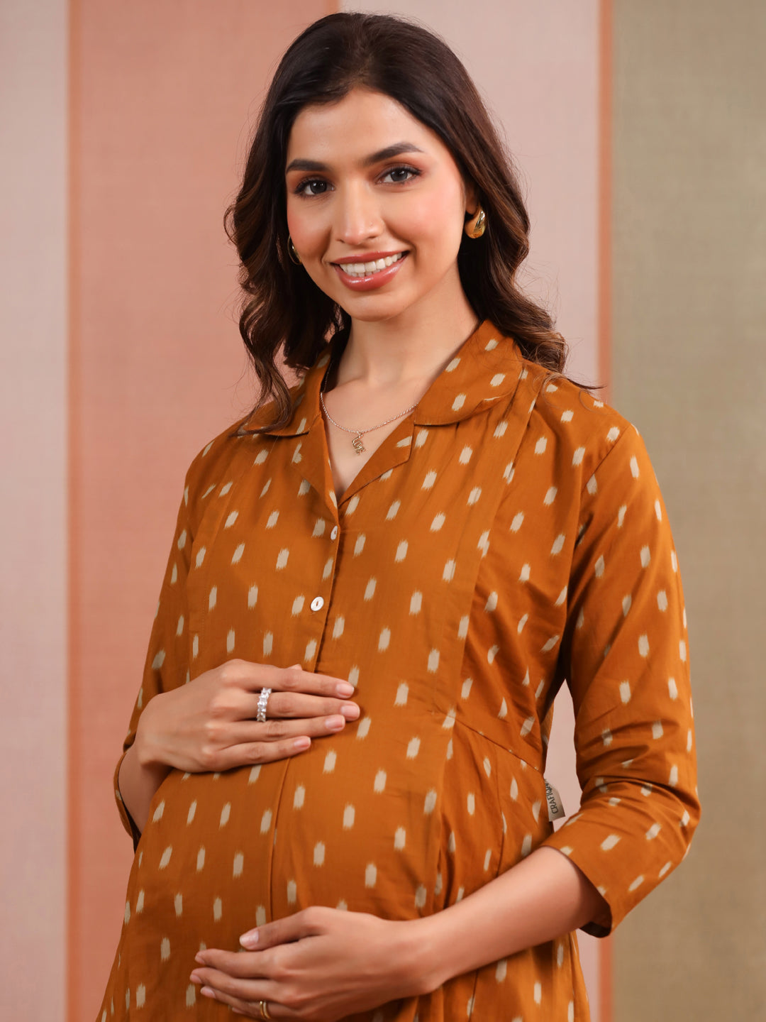 Mustard Loom Print Cotton Maternity - Nursing Dress