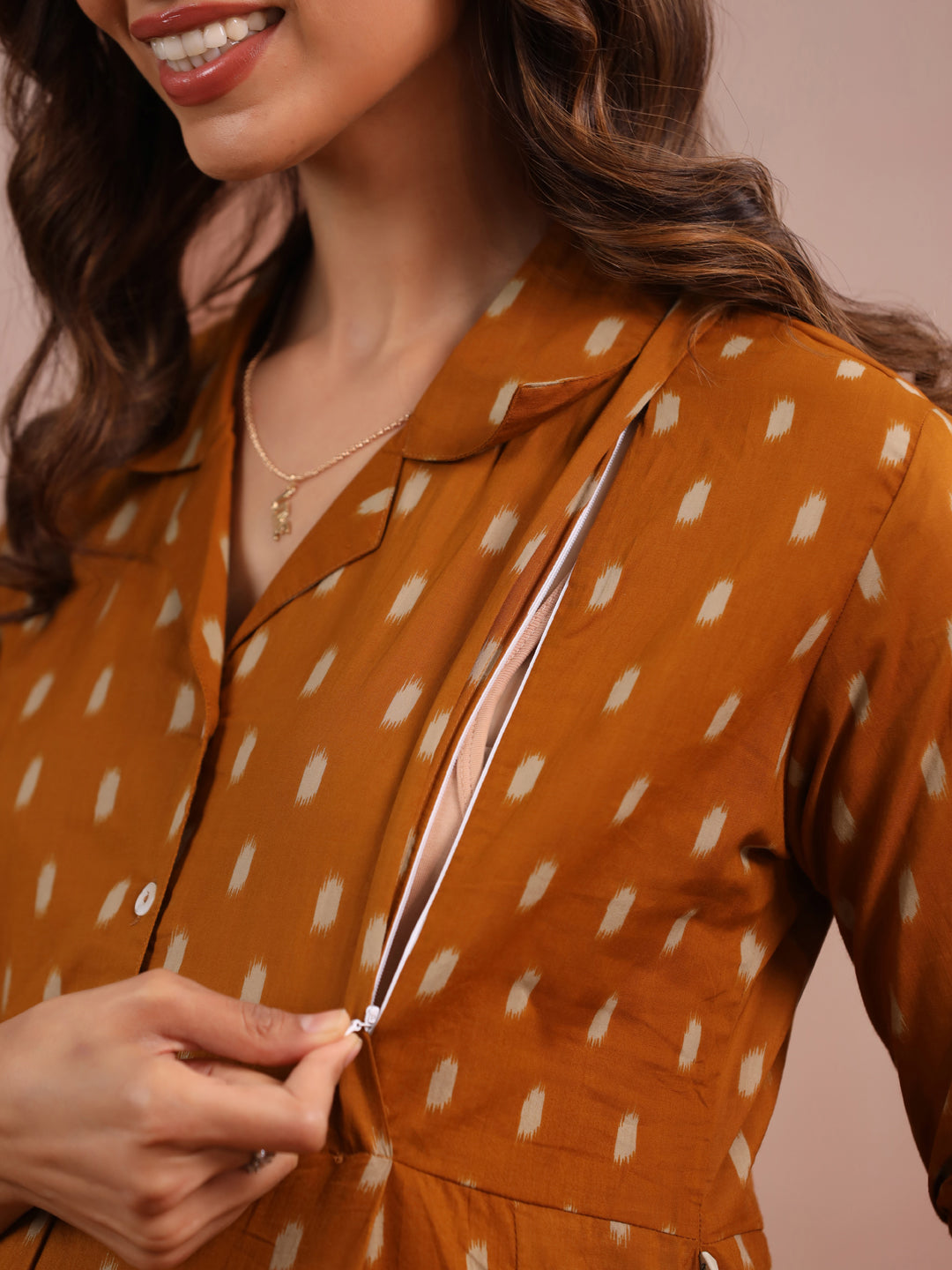 Mustard Loom Print Cotton Maternity - Nursing Kurta