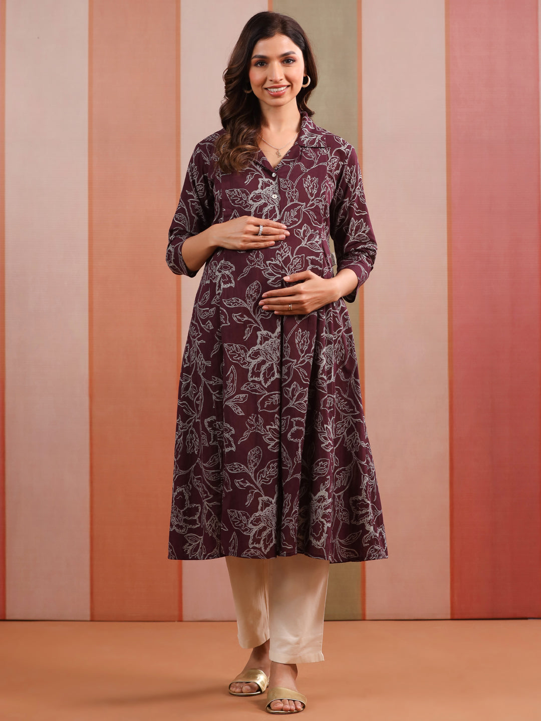Plum Leaf Print Cotton Maternity - Nursing Kurta