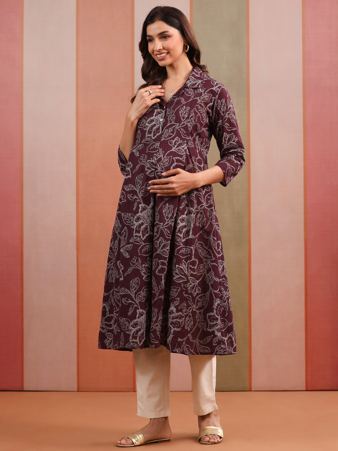 Plum Leaf Print Cotton Maternity - Nursing Kurta