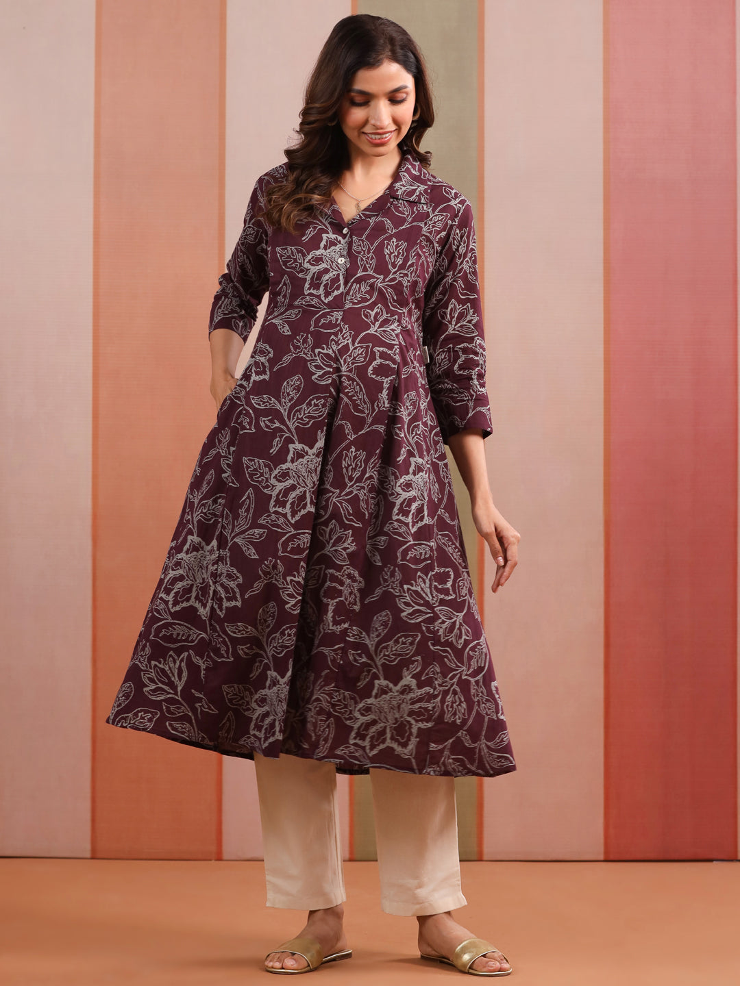 Plum Leaf Print Cotton Maternity - Nursing Kurta