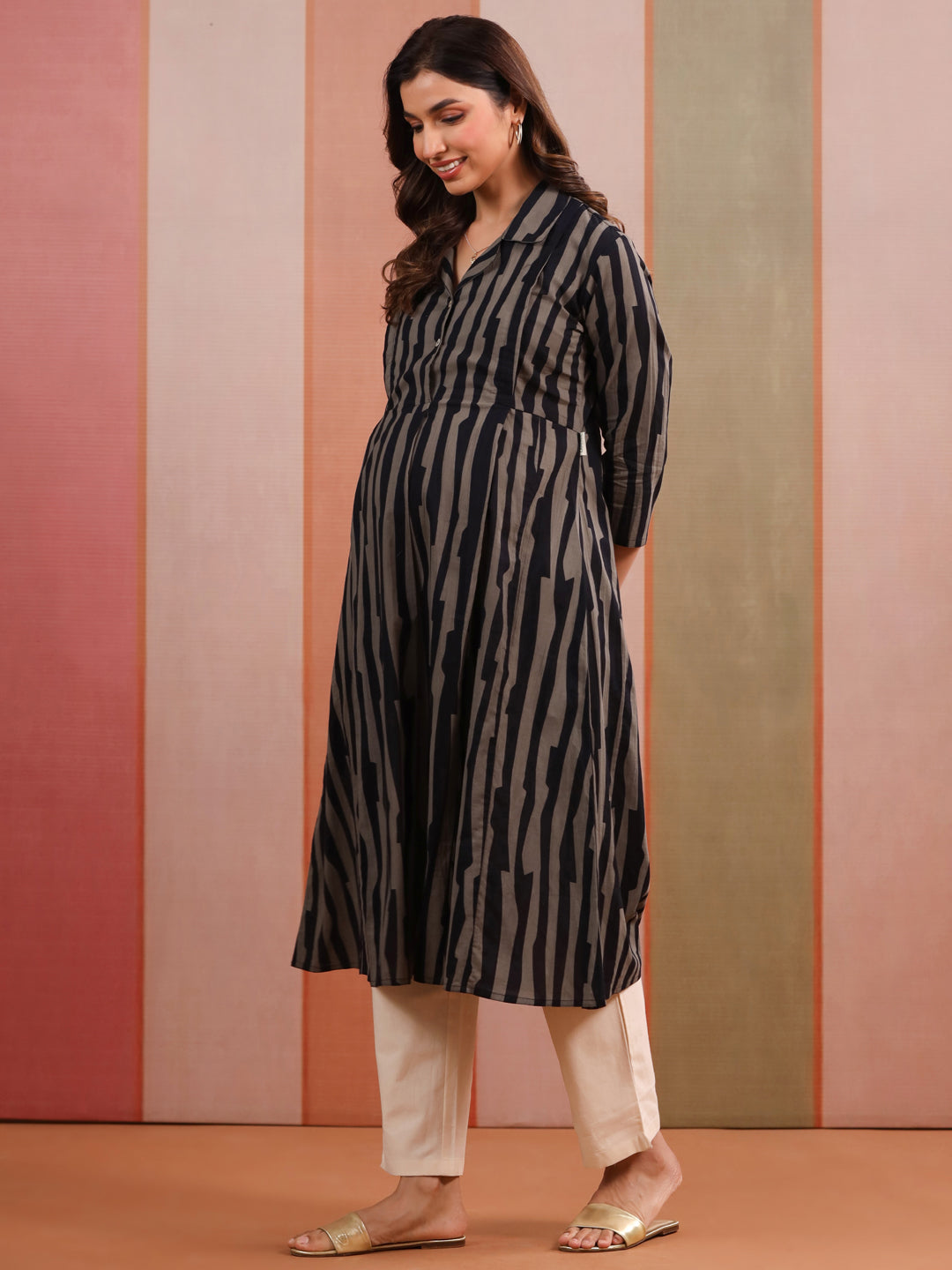 Black Grey Abstract Stripe Cotton Maternity - Nursing Kurta