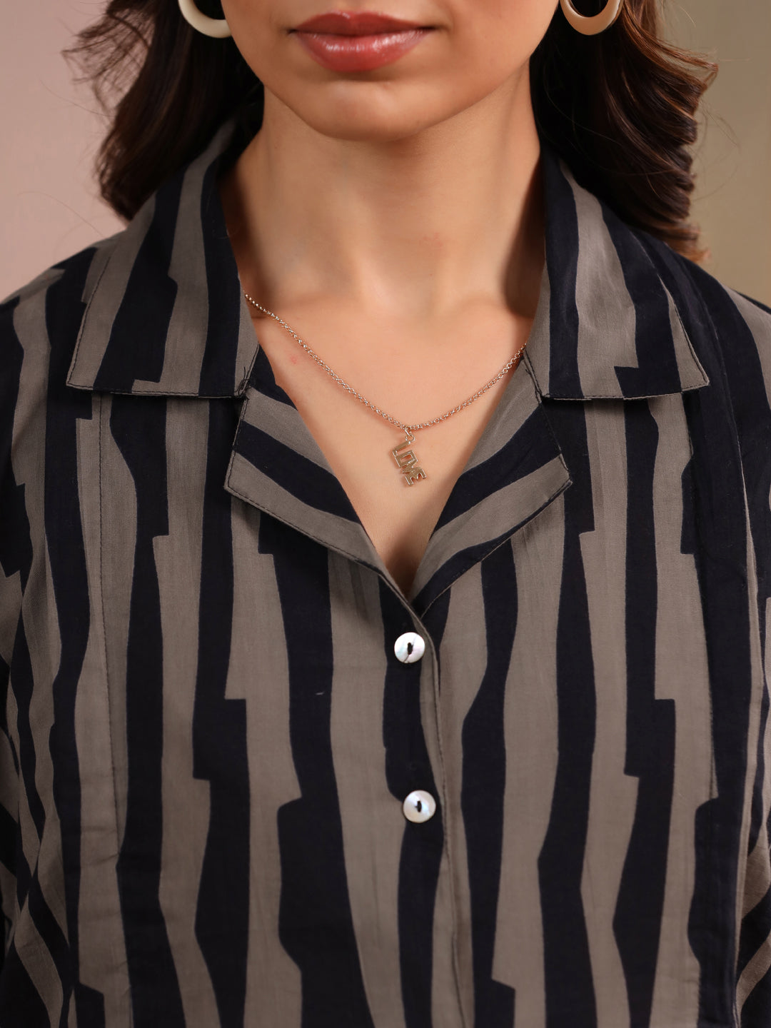 Black Grey Abstract Stripe Cotton Maternity - Nursing Kurta
