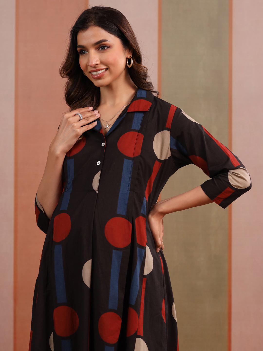 Black Geometric Ajrakh Cotton Maternity - Nursing Kurta