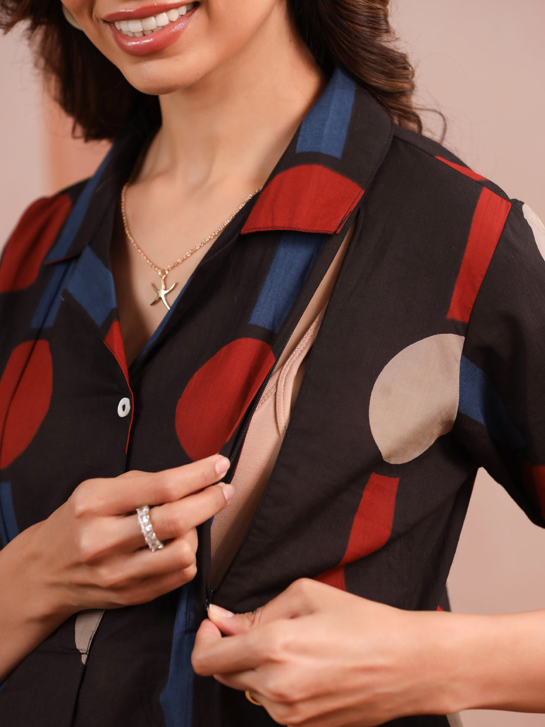 Black Geometric Ajrakh Cotton Maternity - Nursing Kurta