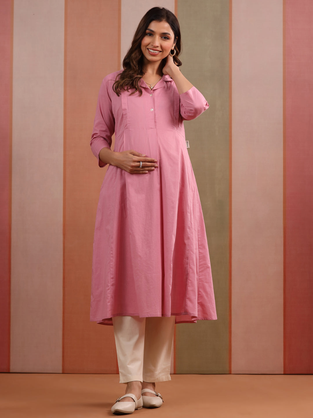 Soft Pink Solid Slub Maternity - Nursing Kurta