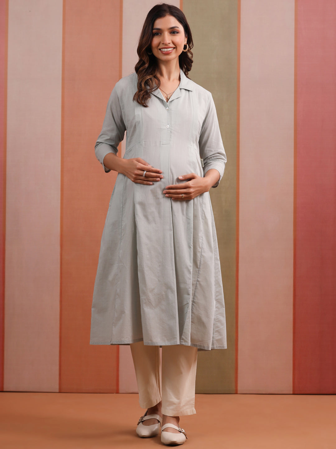 Soft Grey Solid Slub Maternity - Nursing Kurta