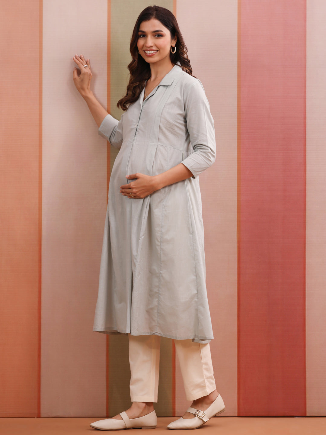 Soft Grey Solid Slub Maternity - Nursing Kurta