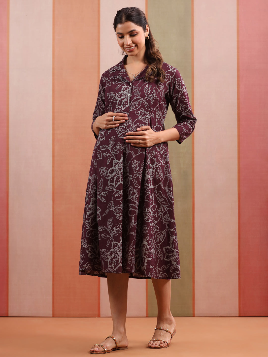 Plum Leaf Print Cotton Maternity - Nursing Dress