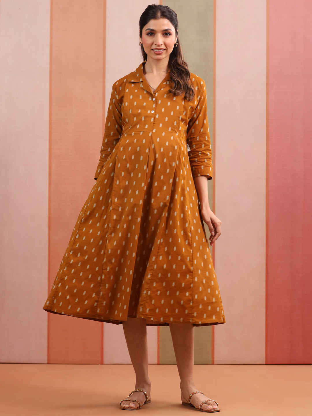 Mustard Loom Print Cotton Maternity - Nursing Dress
