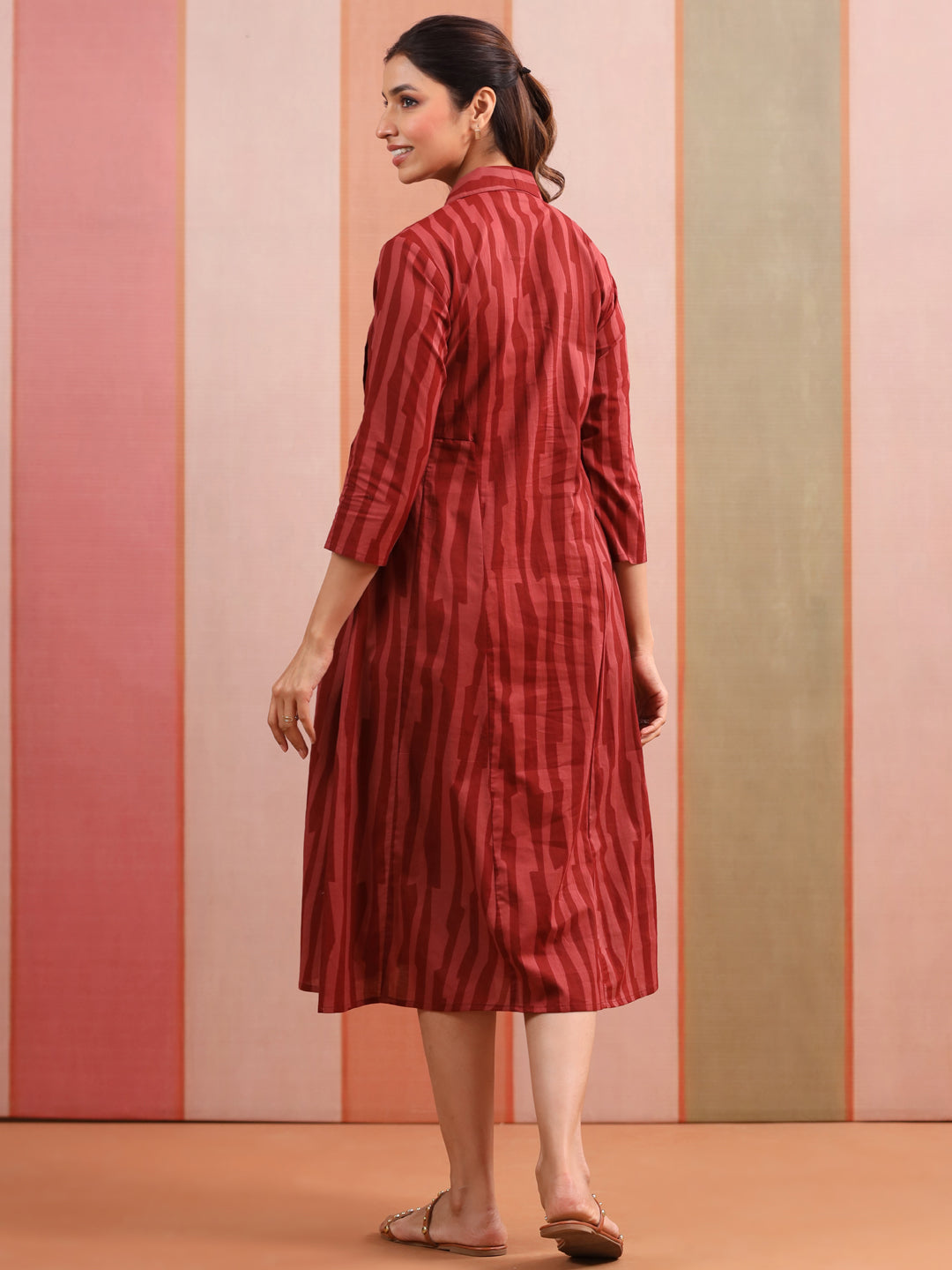 Rust Abstract Stripe Cotton Maternity - Nursing Dress