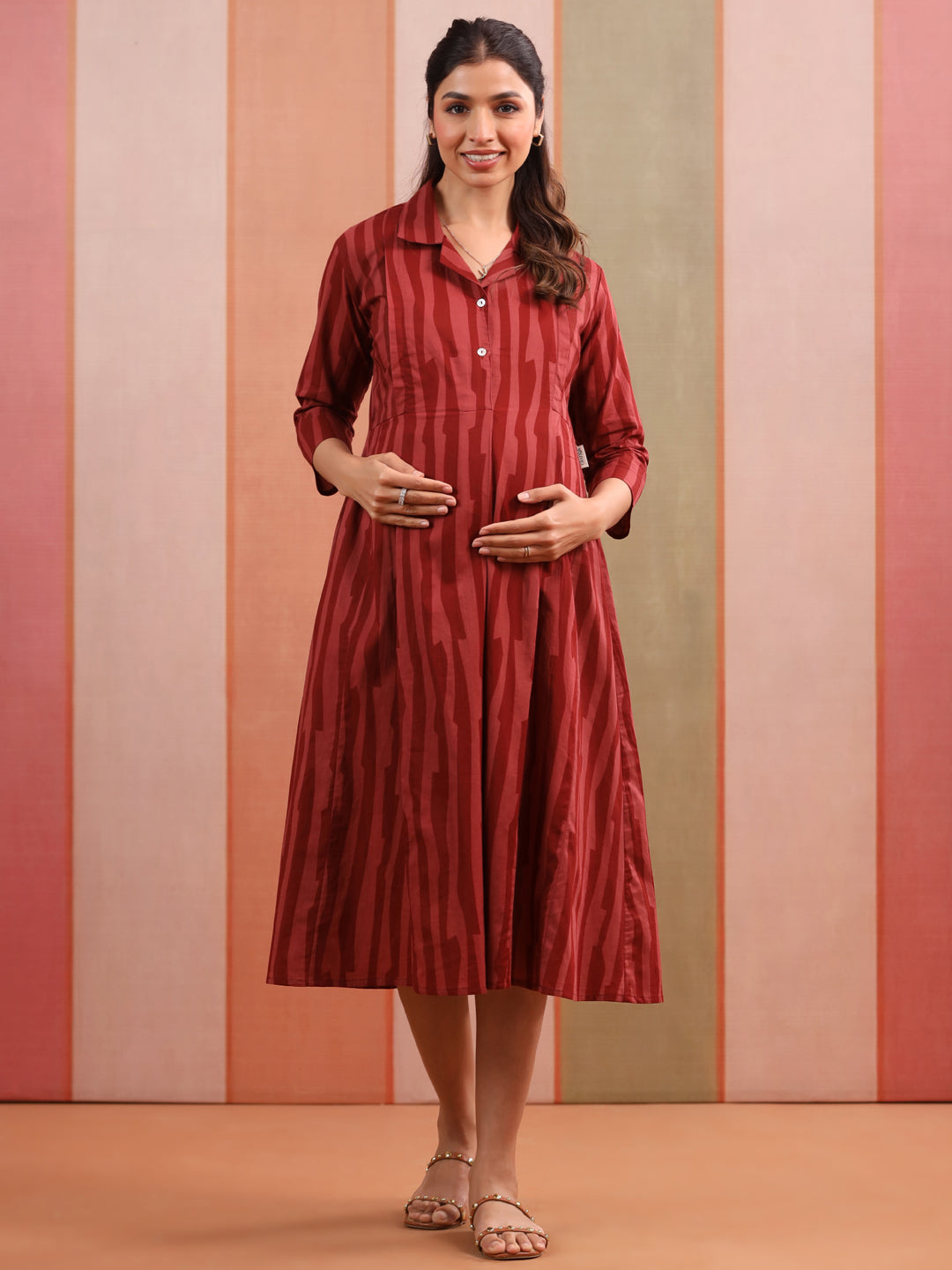 Rust Abstract Stripe Cotton Maternity - Nursing Dress