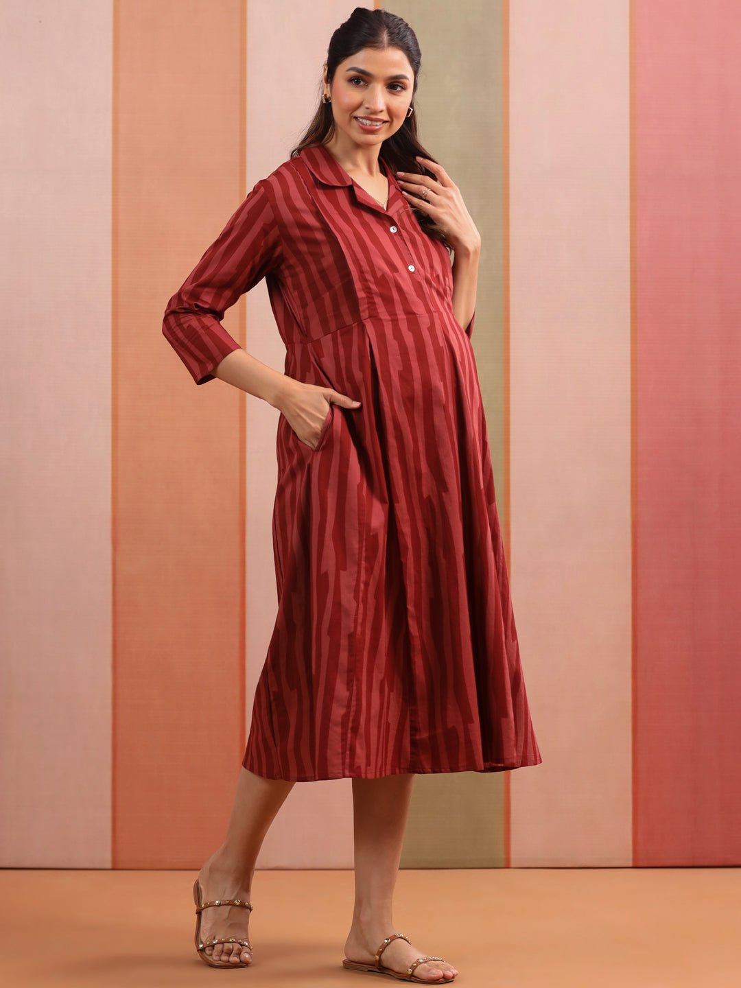 Rust Abstract Stripe Cotton Maternity - Nursing Dress