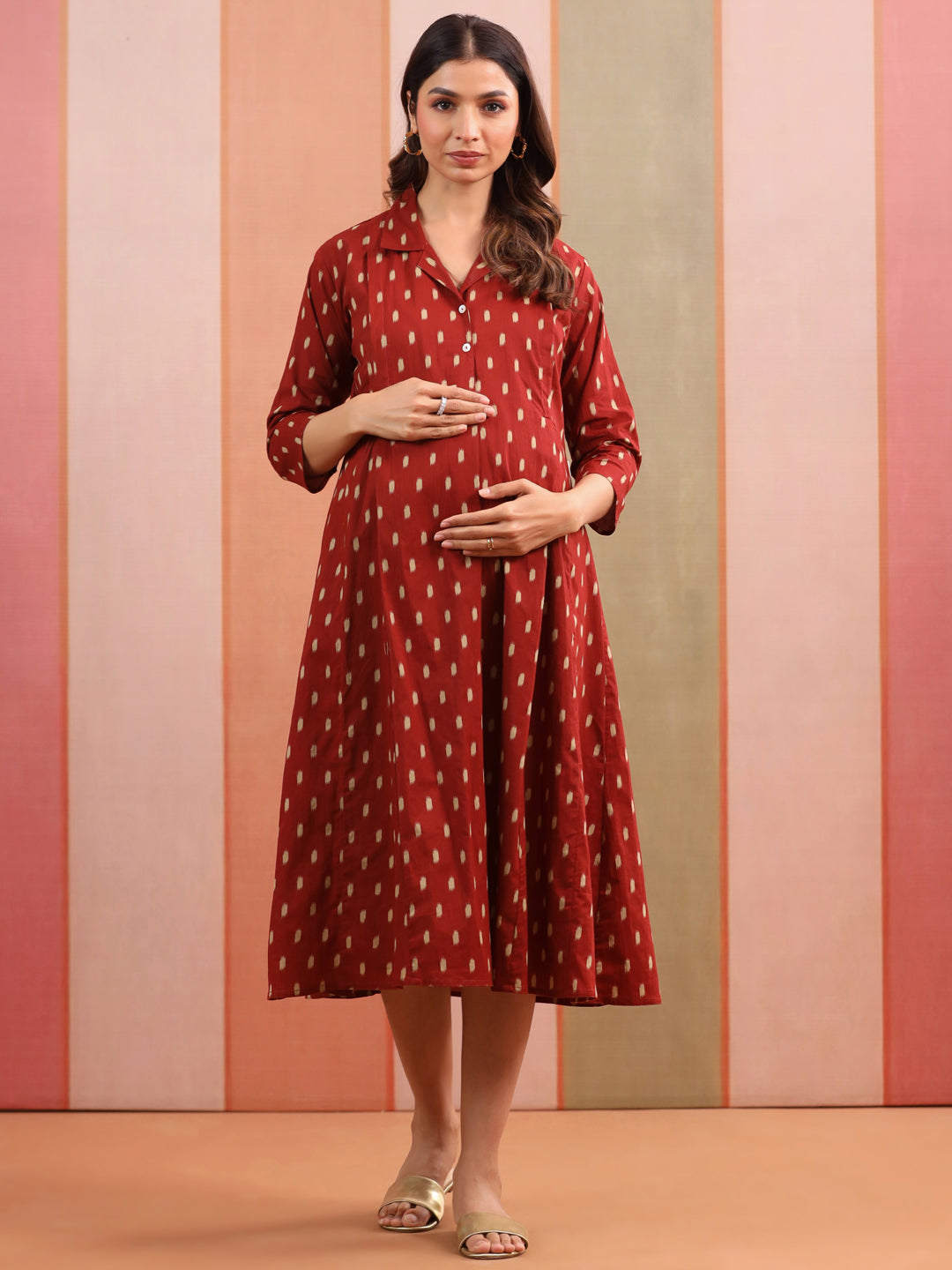 Maroon Loom Print Cotton Maternity - Nursing Dress
